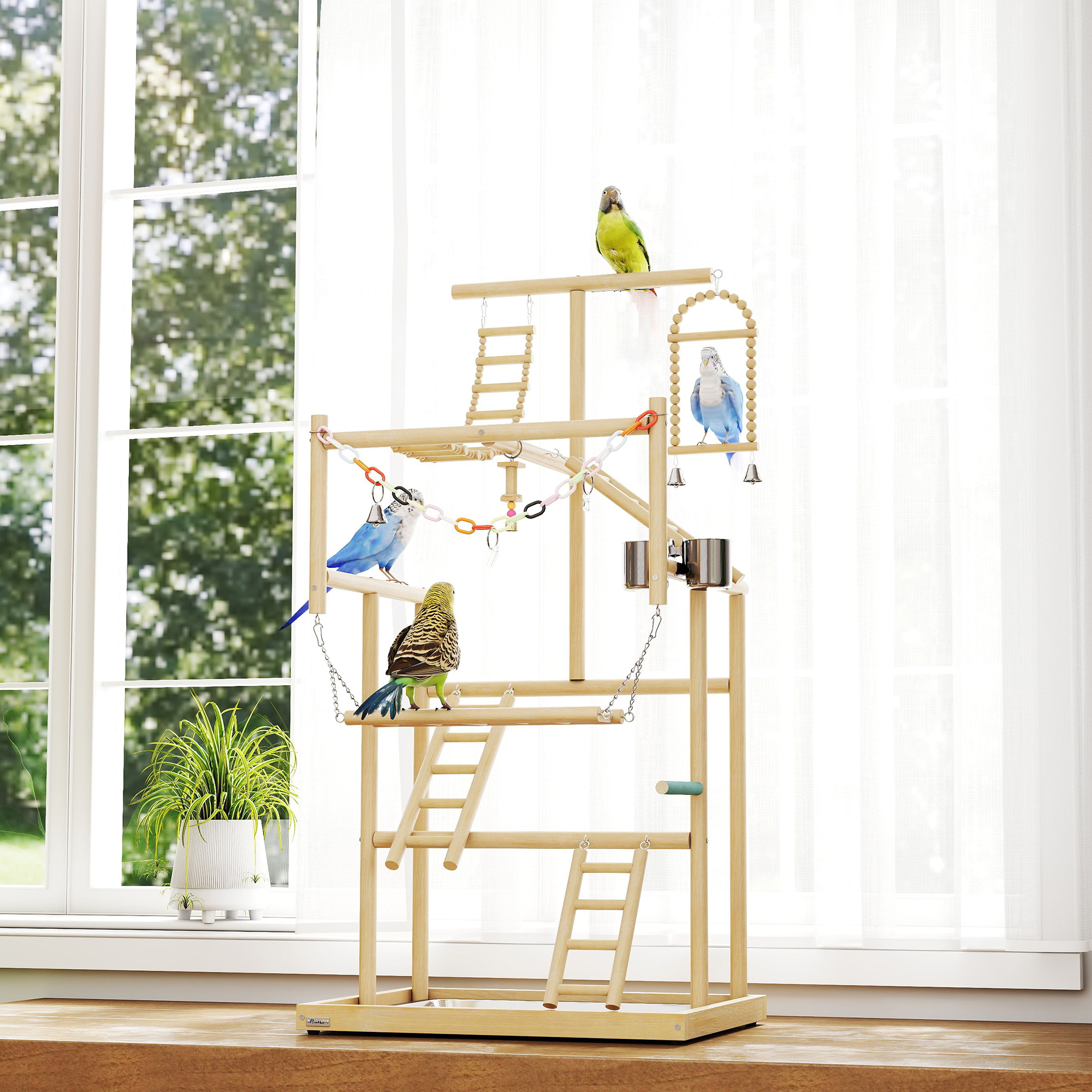 Vogelständer, Vogelstangen-Set, 4 Ebenen, Edelstahltablett, Spielzeug, Naturholz