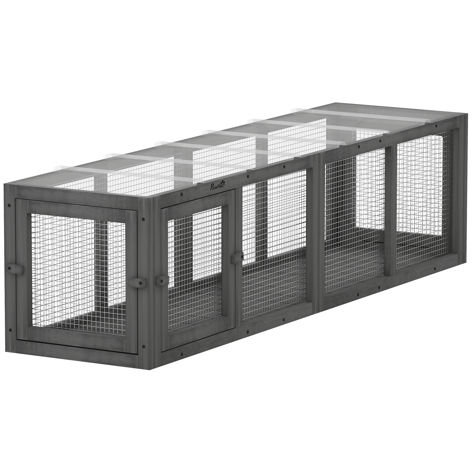 Katzentunnel Katzenspielzeug aus Holz mit 3 Türen, erweiterbar Spieltunnel für Katzen bis 10 kg, 151,5 x 38,5 cm Grau