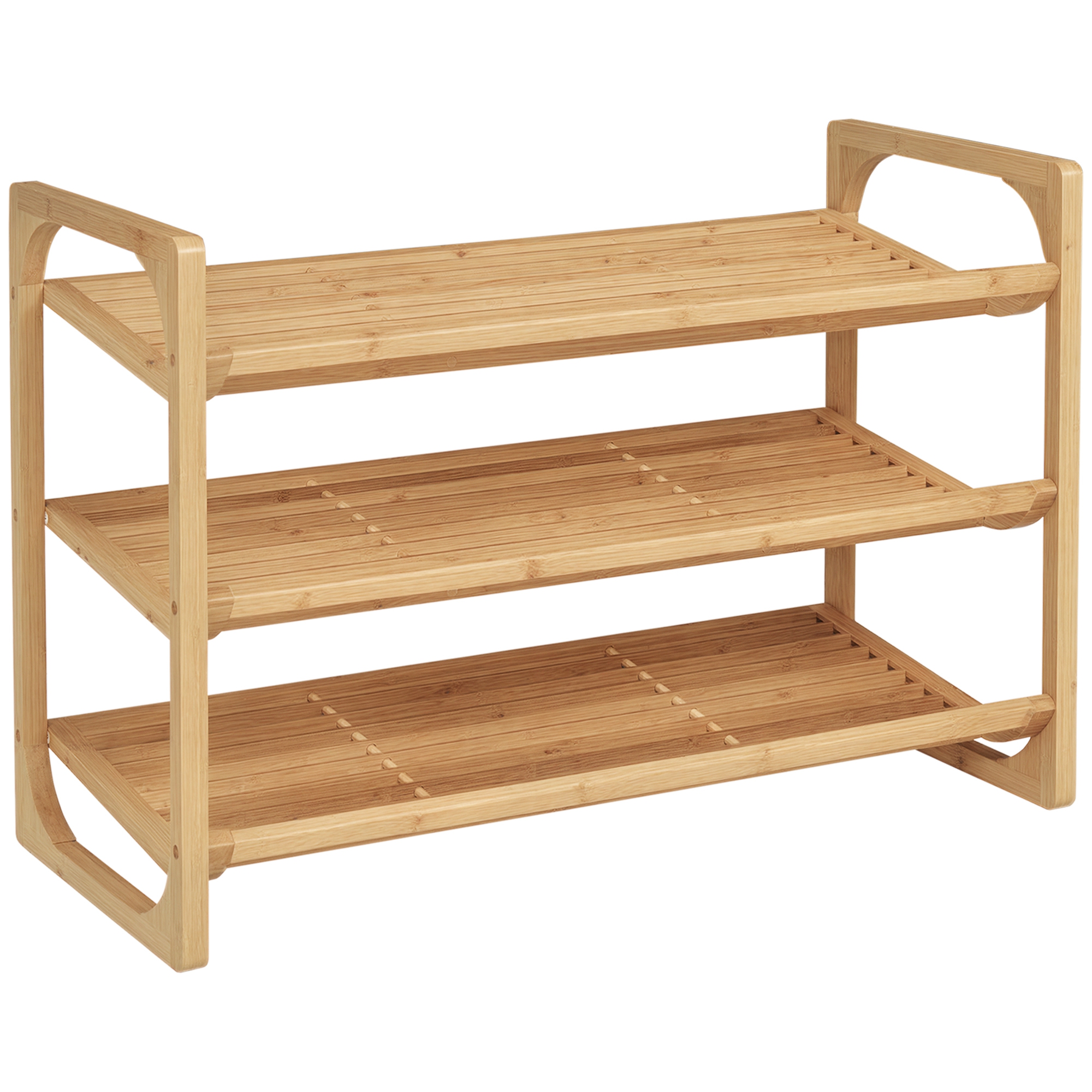 Schuhregal für 9 Schuhpaare, 3 Etagen, erhöhte Kanten, Bambusholz, 76 x 33 x 51 cm