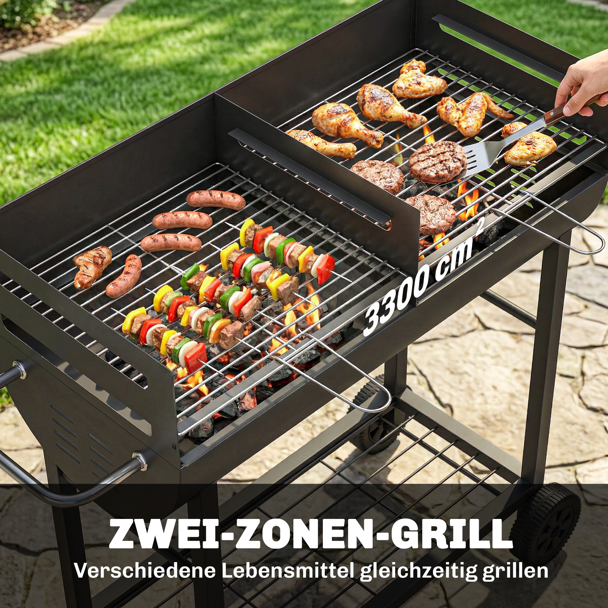 Holzkohlegrill Grillwagen mit 2 Grillzonen höhenverstellbarer Grillrost Holzablage Räder Seitengriff, 103 x 46,5 x 100cm
