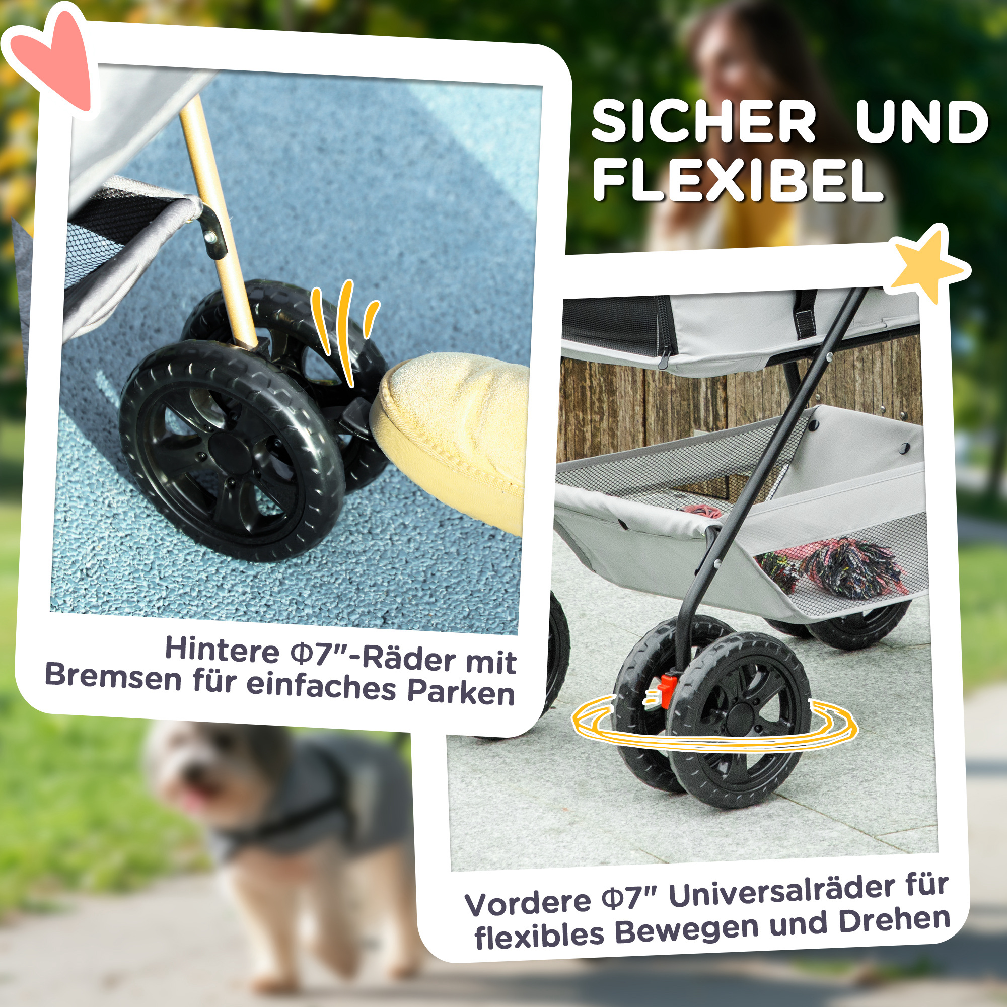 3-in-1-Haustierkinderwagen, zusammenklappbarer Hundewagen mit 4 Rädern und abnehmbarer Trage für Hunde und Katzen, Grau