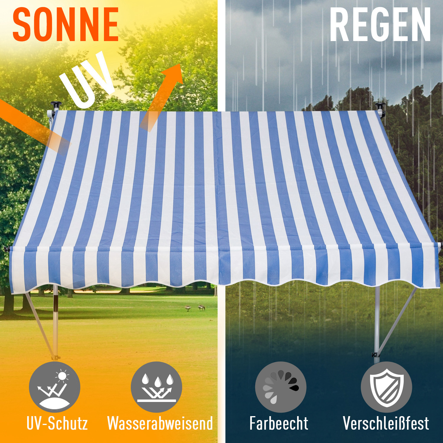 Klemmmarkise mit Handkurbel höhenverstellbar Gelenkarmmarkise schmutzabweisend, witterungsbeständig Balkonmarkise 150cm breit Terrassenmarkise für Terrasse Balkon Veranda Blau+Weiß