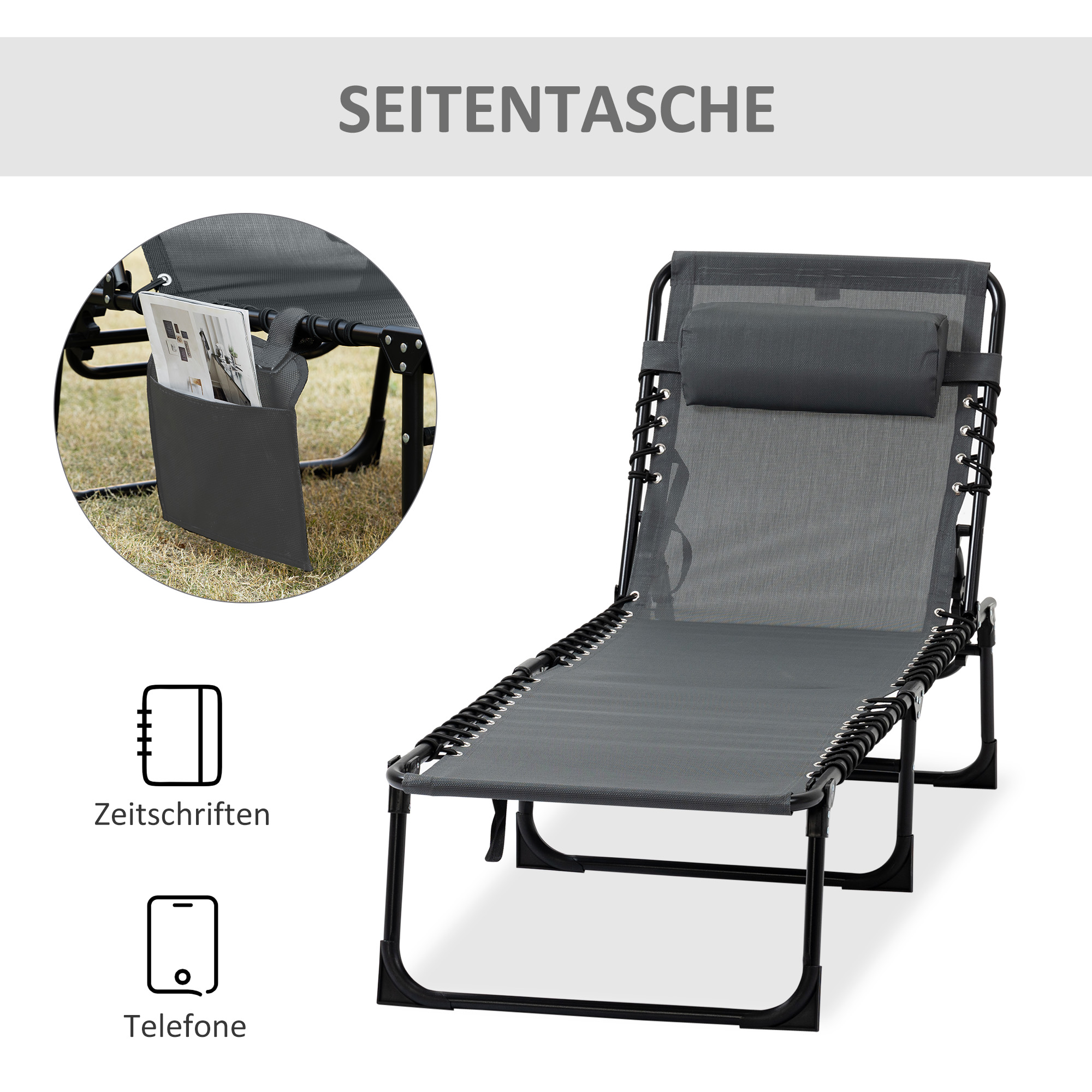 Liegestuhl, Zusammenklappbare Liege mit Nackenkissen, Stahlrahmen, Netzstoffbezug, 120 kg Belastbarkeit, Grau