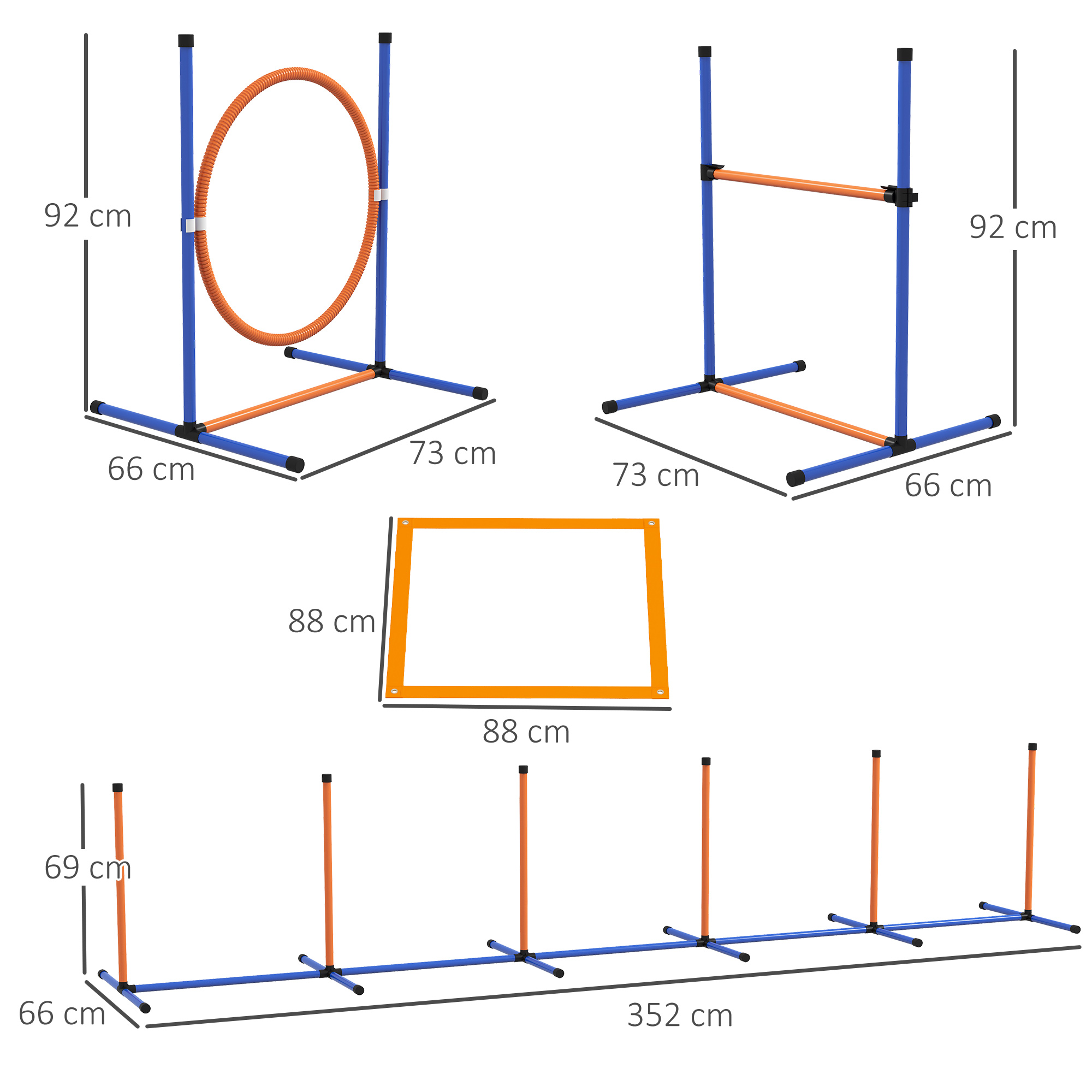 Hunde-Agiliy-Set Hundeparcours, 1 Reifen, 1 Hürde, 1 Slalom-Set, 352 cm x 66 cm x 69 cm, Blau + Rot