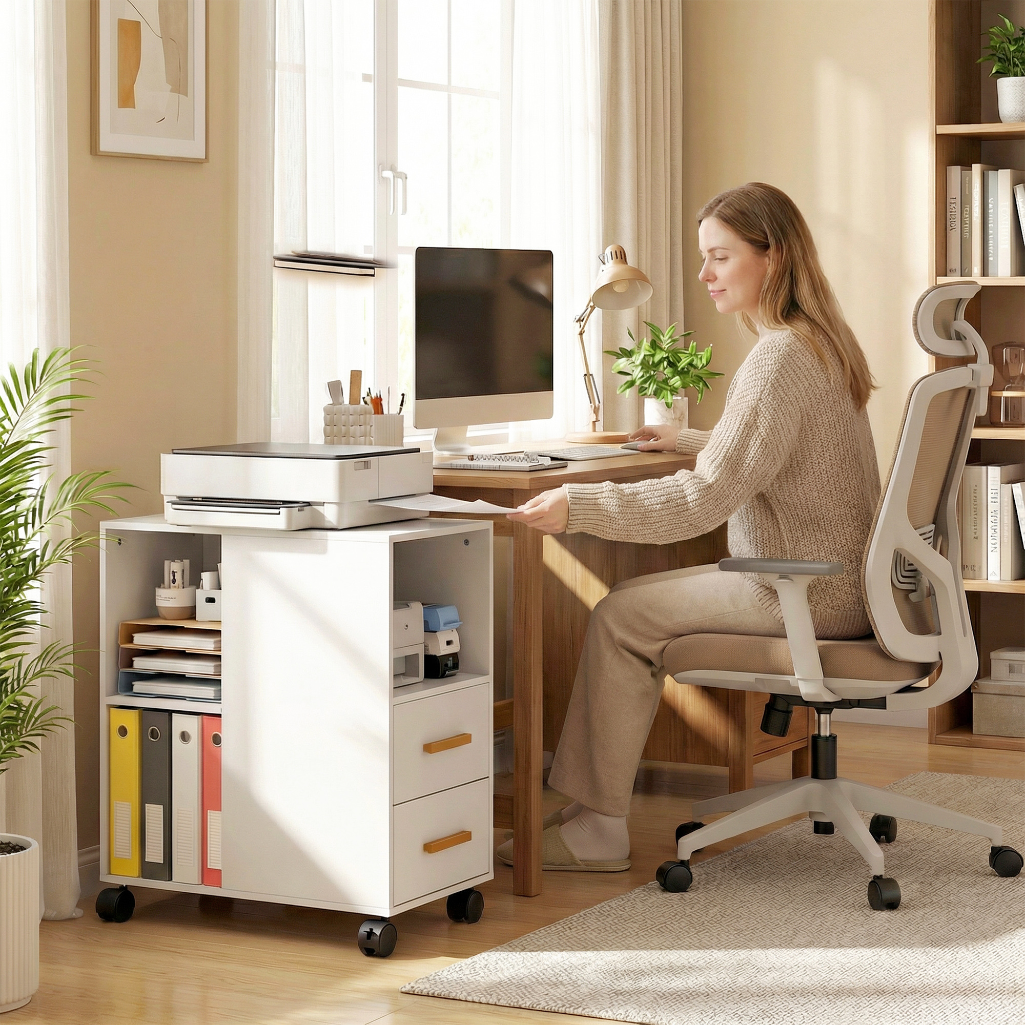 Druckerständer Druckertisch mit Verstellbar Ablage, Rollen für Fax Scanner 60 x 30 x 65 cm Weiß