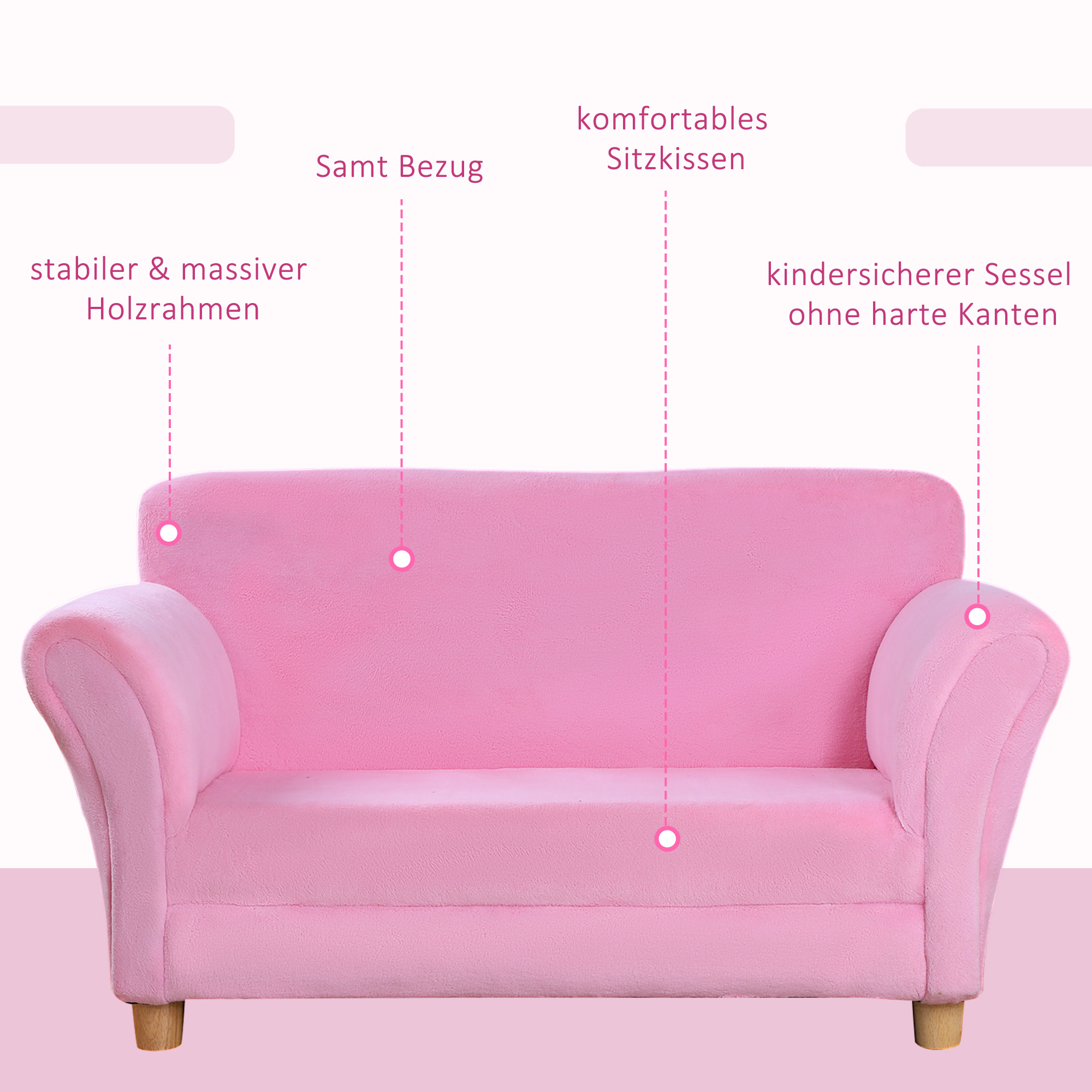 Kindersessel Kindersofa mit Korallenvlies-Optik, massiven Holzfüßen Sessel aus Schaumstoff Kinderstuhl für Kinderzimmer, Spielzimmer, 90 x 53 x 48cm, Rosa