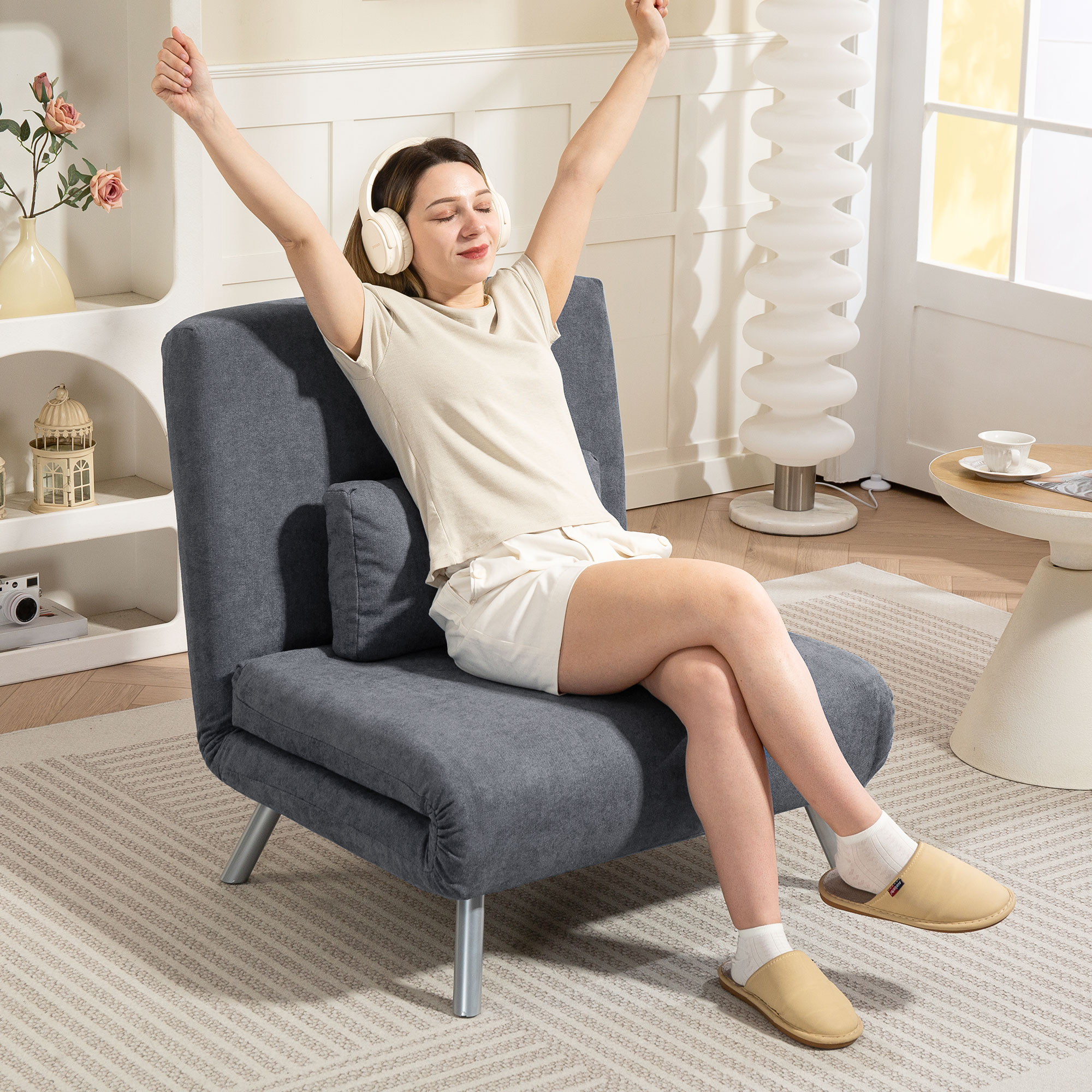 Polstersessel mit Bettfunktion, 3-in-1 Design, Schlafsessel, Gästebett, Stoffbezug, mit Kissen, Dunkelgrau