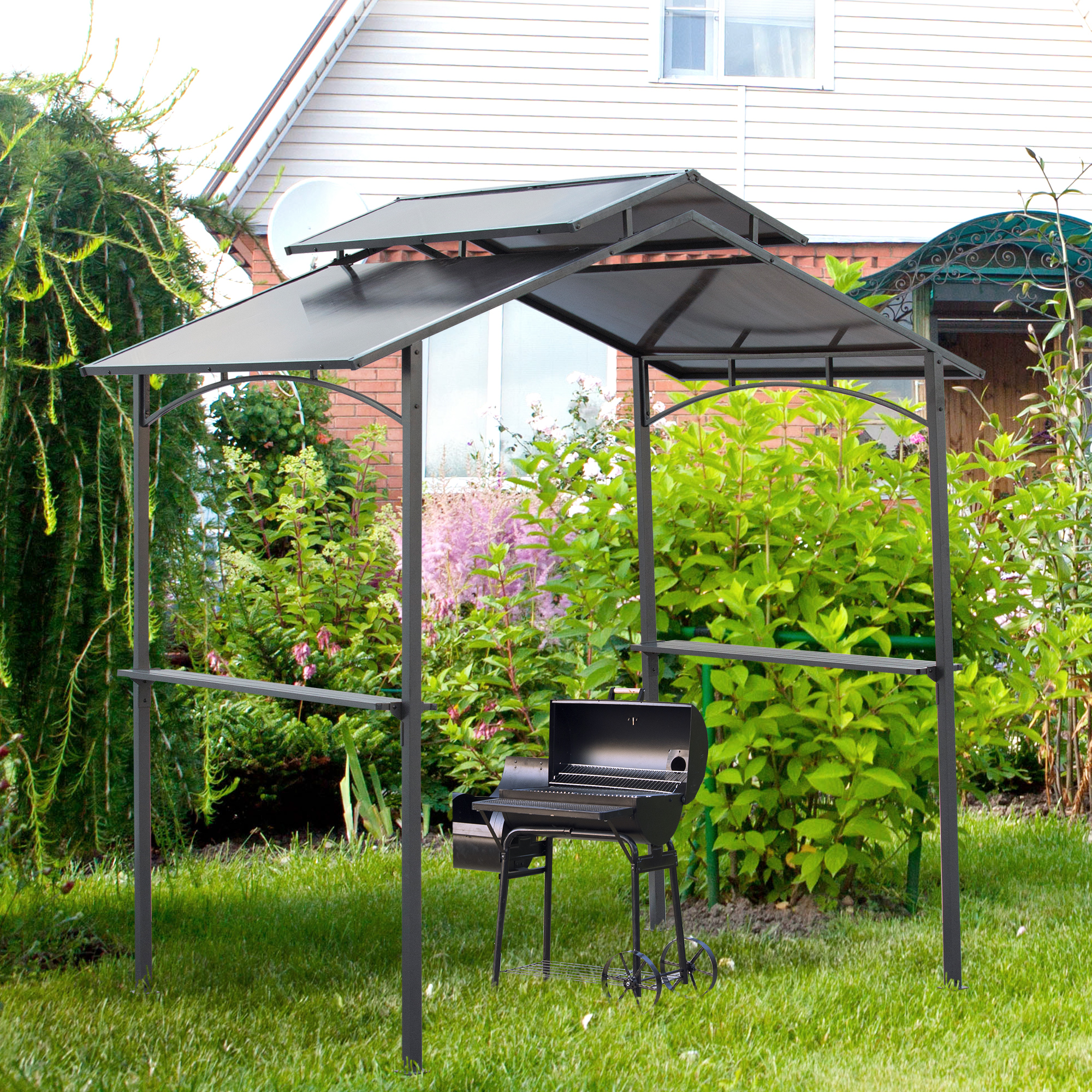 Grillpavillon mit Flammschutzdach BBQ-Pavillon mit 2 Ablagen 2,5 x 1,5m Stahl PC Schwarz+Braun