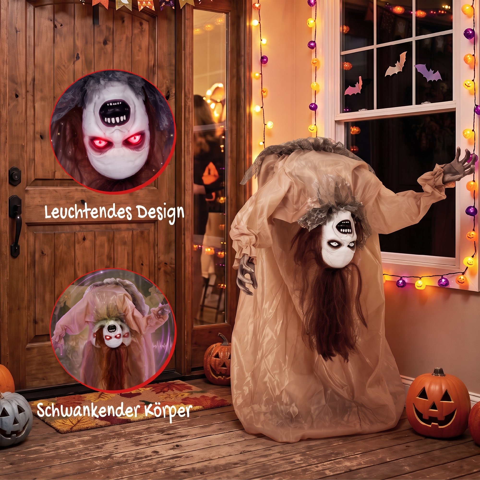 animierter Halloween-Geist mit gruseligen Schreien, leuchtenden Augen, per Geräusch/Berührung aktiviert