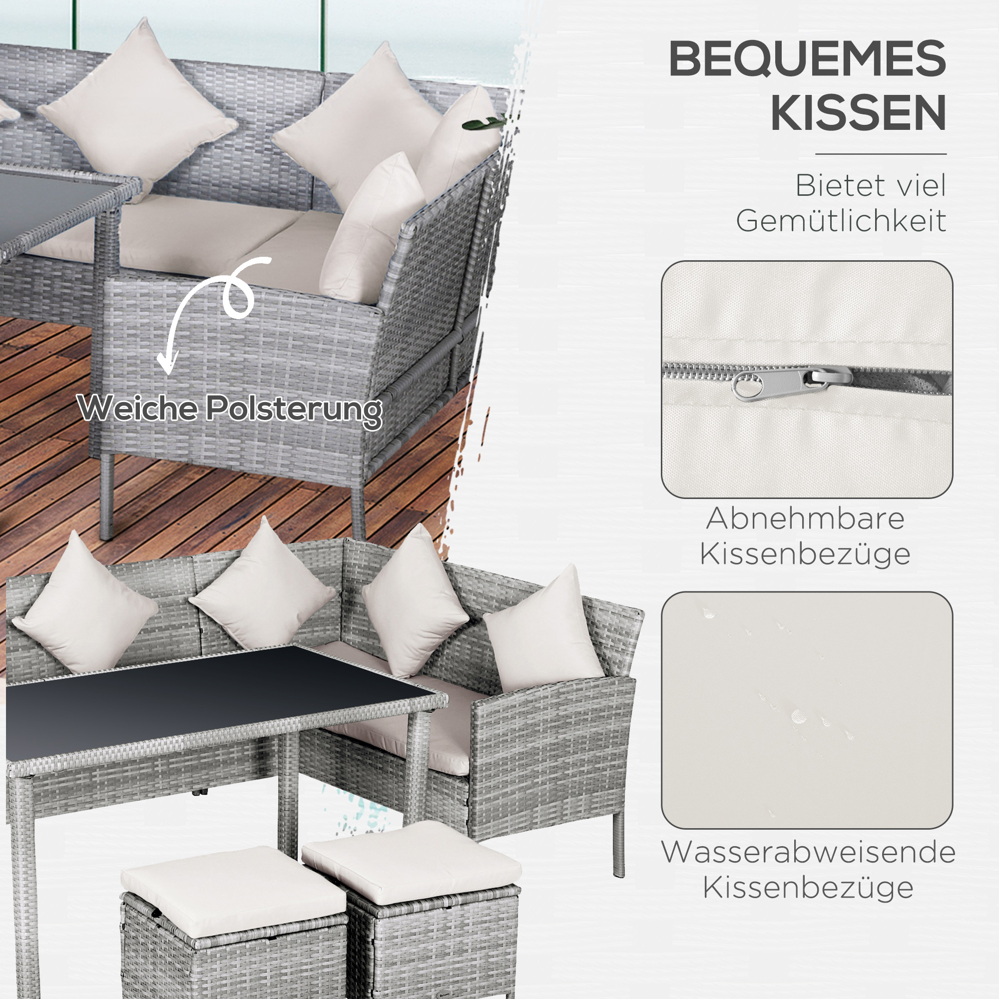 5-tlg, Gartenmöbel Set, Rattan Sitzgruppe mit Fußhocker, Metall, Grau, 142 x 60 x 75 cm