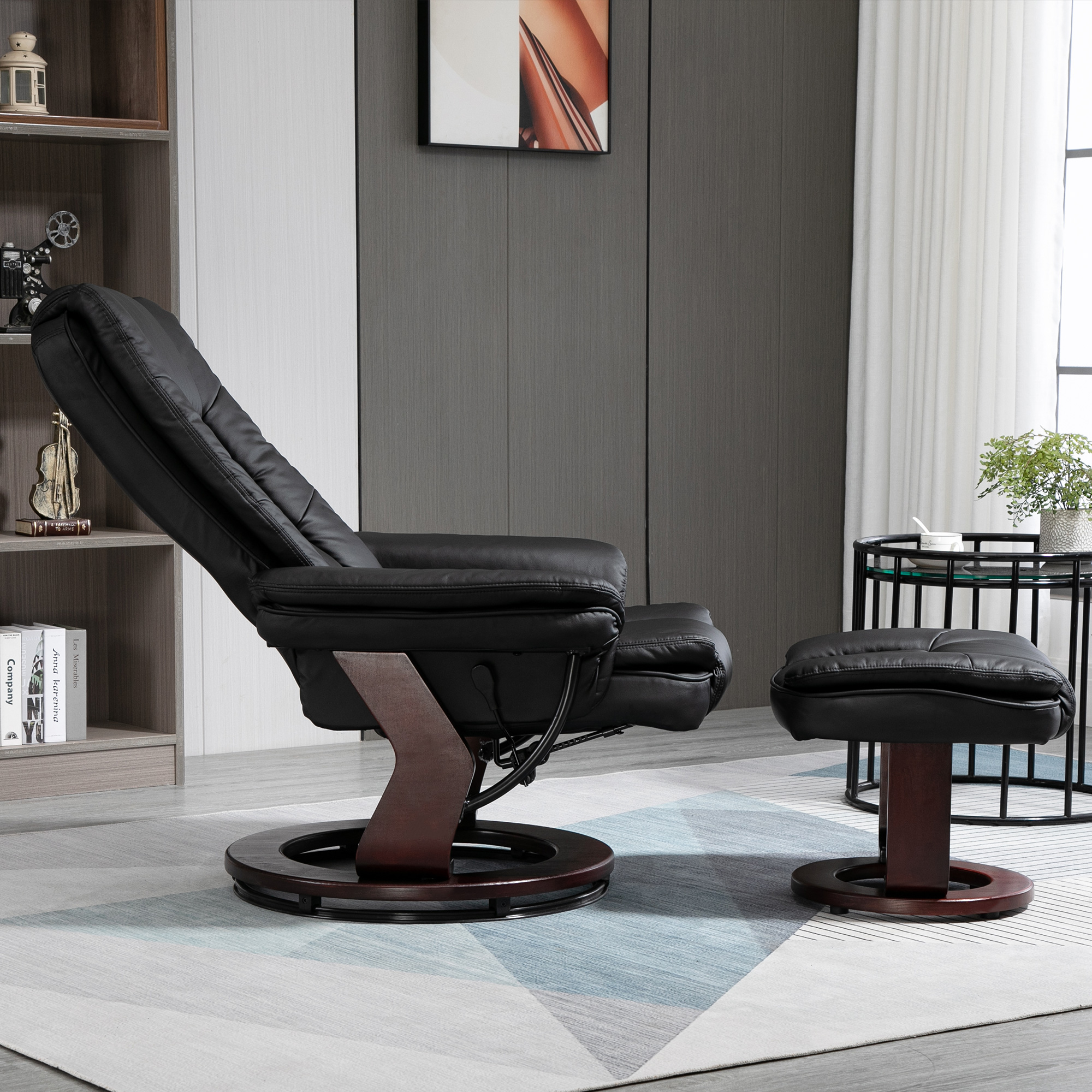 Relaxsessel mit Hocker, Liegesessel, drehbar, neigbare Lehne, Lederoptik, bis 130 kg, Schwarz