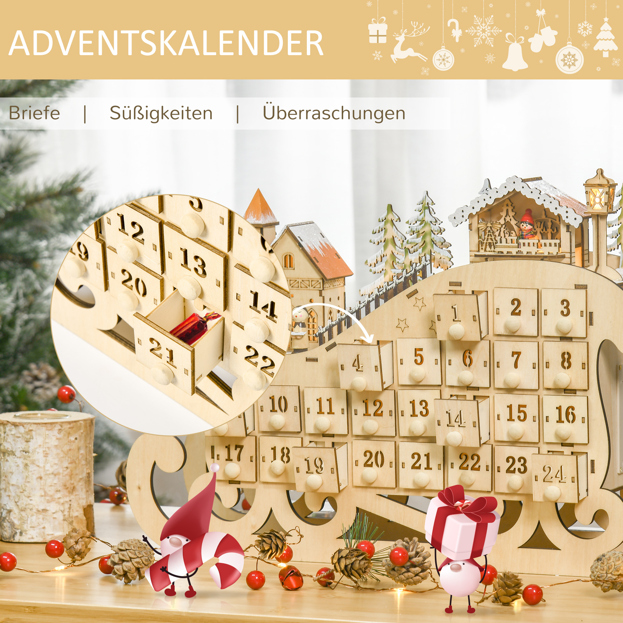 Adventskalender zum Befüllen 24 Schubladen Fächer Weihnachtskalender mit LED-Lichtern Schlitten-Form Adventskalenderbox Weihnachtsdekoration DIY Sperrholz-Platte Naturholz 45 x 10 x 31 cm