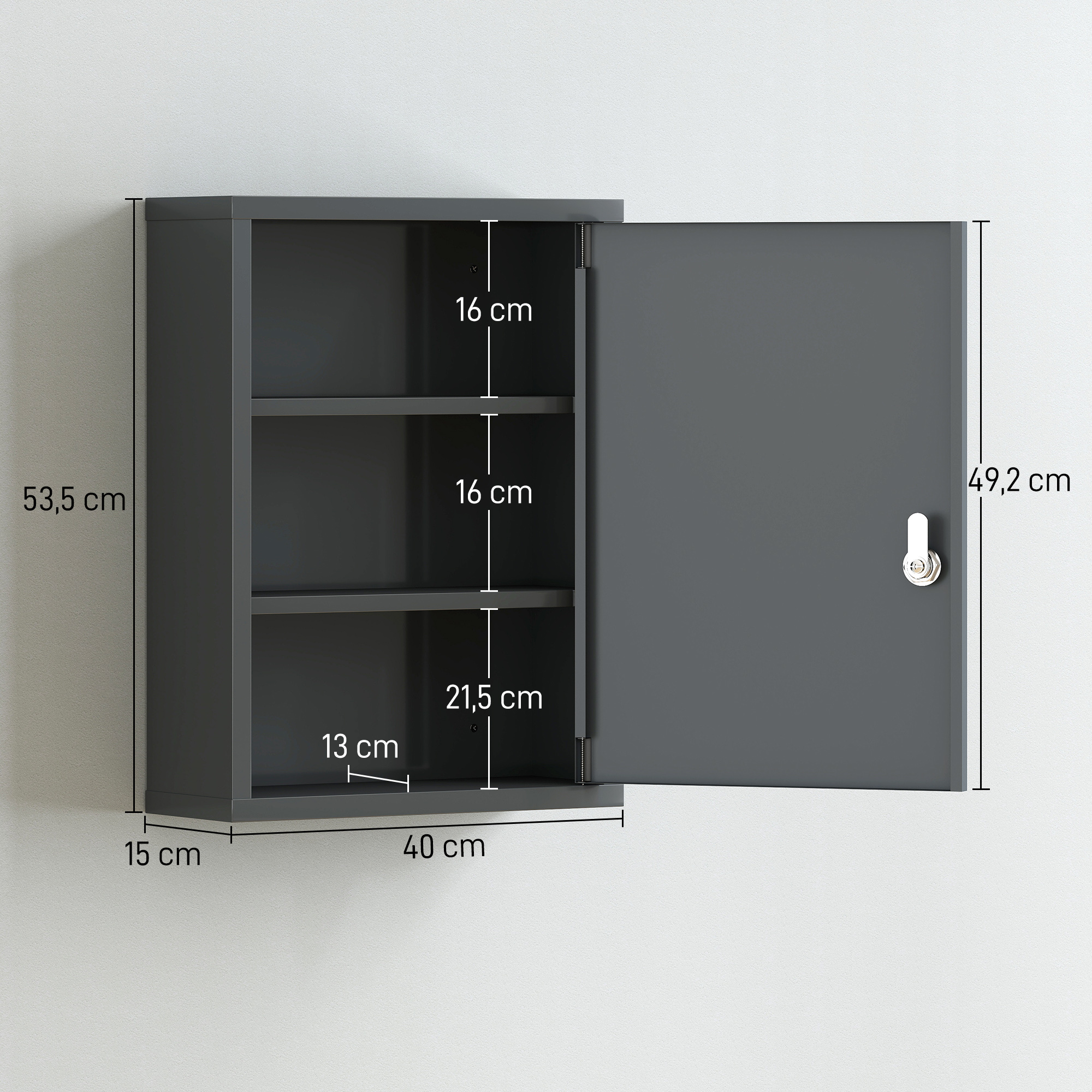 Medizinschrank zur Wandmontage mit Schloss, 3-stufiger Stahl-Wandschrank, 40 x 15 x 53,5 cm, Kohlegrau