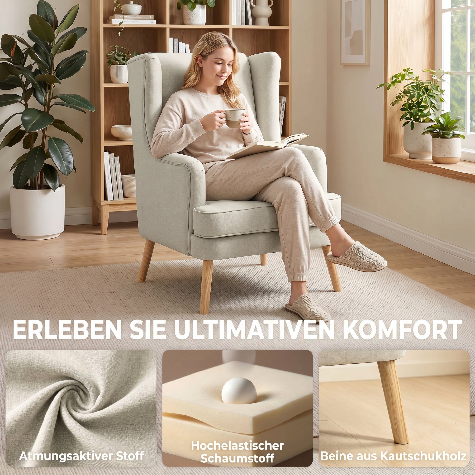 Akzentstuhl, Sessel mit Leinen-Optik, hoher Rückenlehne, breitem Sitz, Lendenkissen, Beige