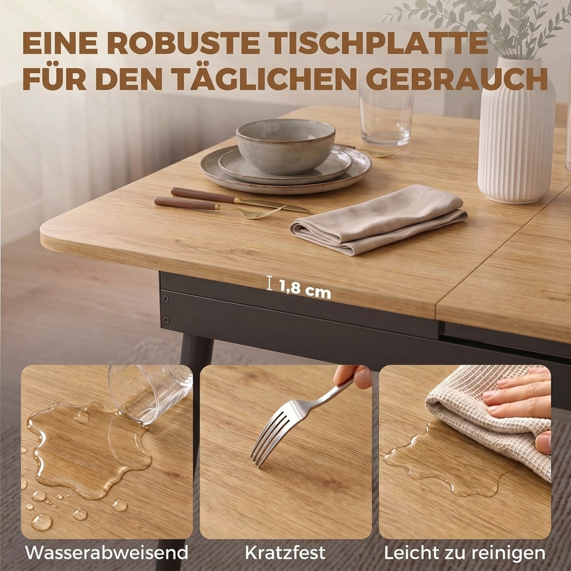 ausziehbarer Esstisch 130-160 cm, Küchentisch mit abgerundeten Ecken, Eiche
