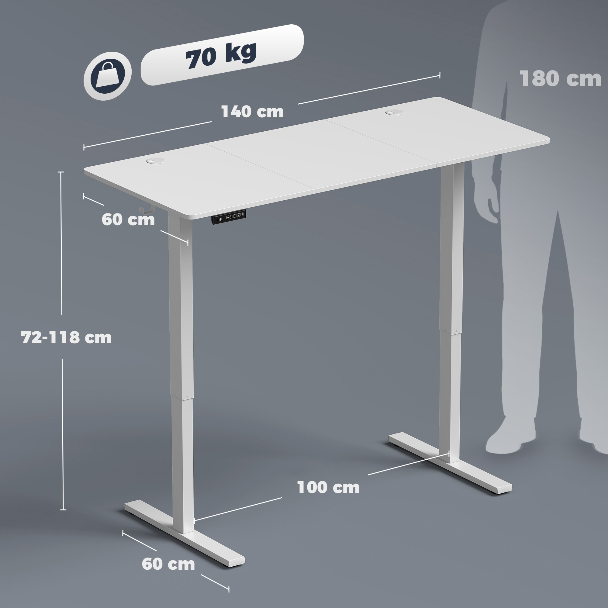 höhenverstellbarer Schreibtisch mit Memory-Funktion, 2 Kabeldurchlässen und LED-Display, Sitz-Steh-Schreibtisch, Weiß