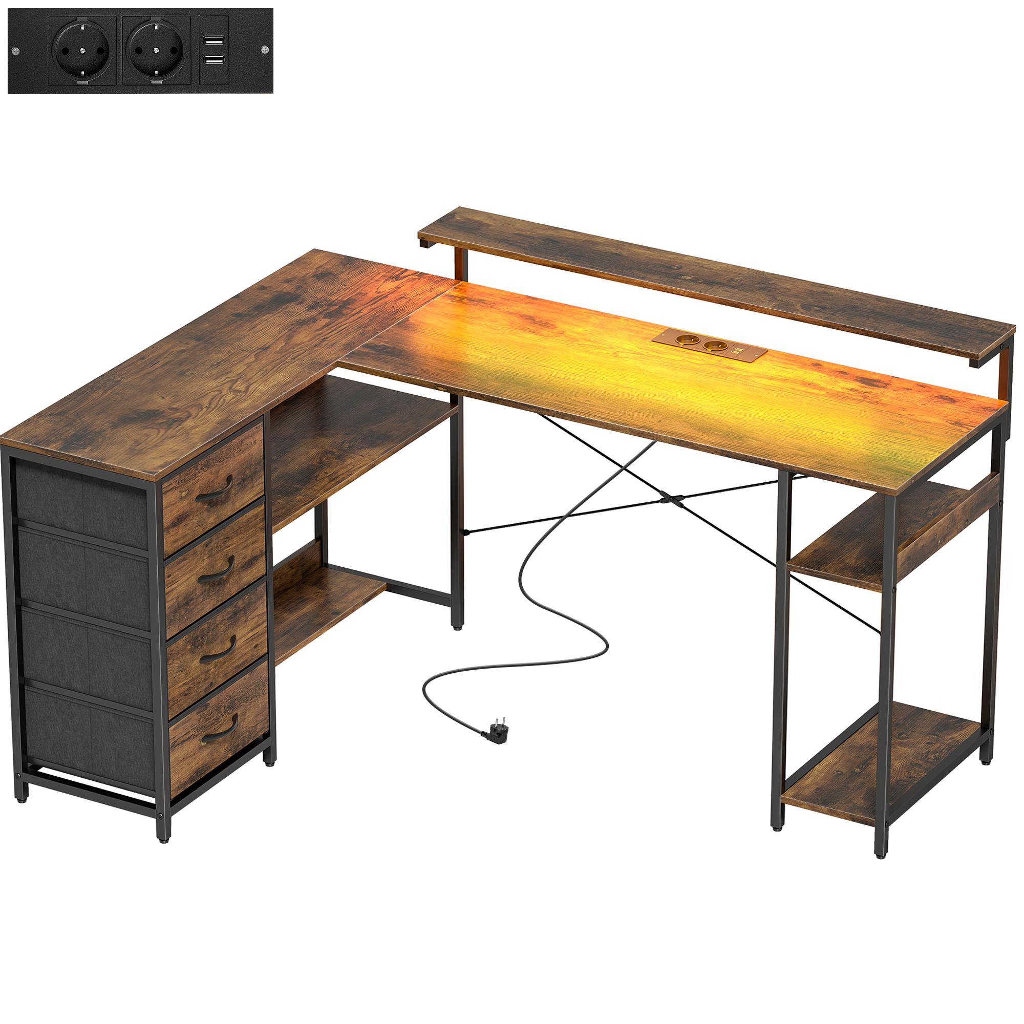 Gaming Tisch L-förmig Schreibtisch mit Stromanschluss LED-Beleuchtung 4 Schubladen Monitorständer 155x110x91,4 cm Braun