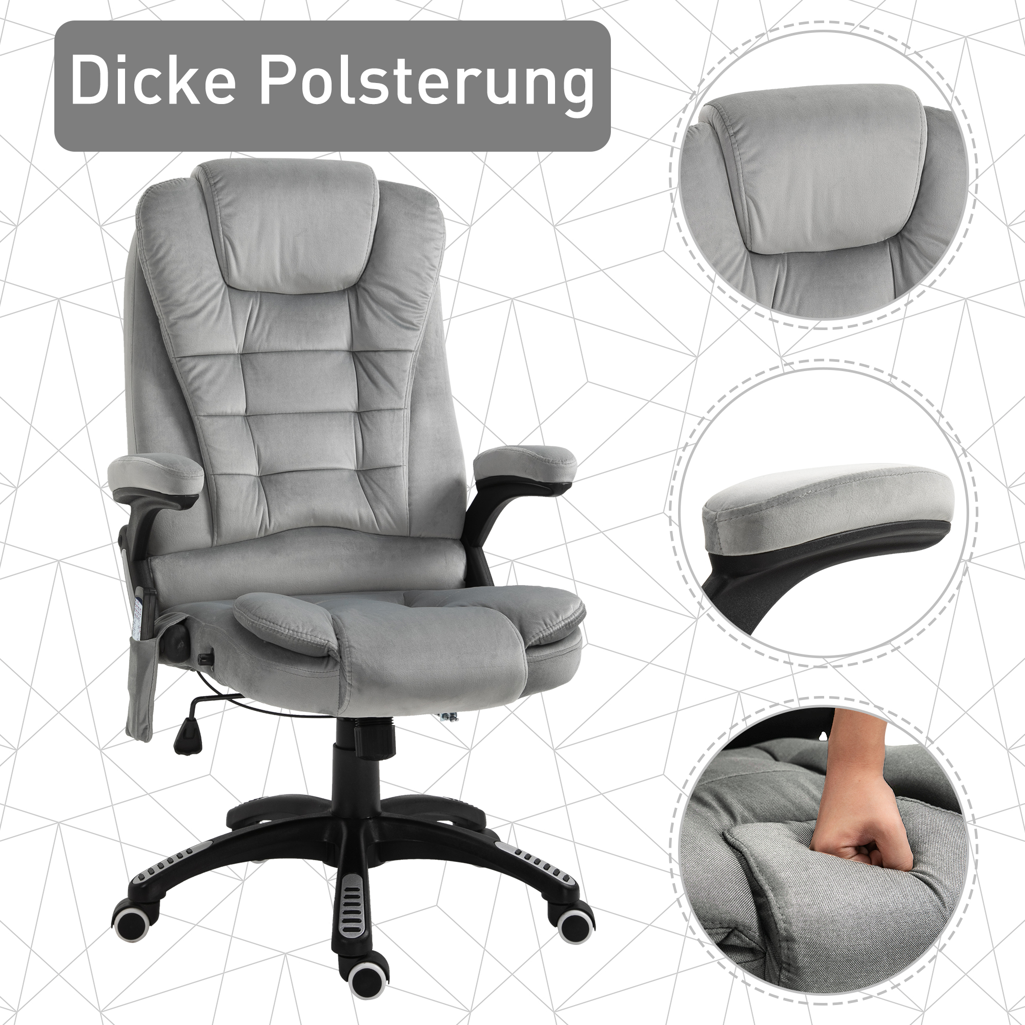Bürostuhl mit Massagefunktion Ergonomischer Chefsessel mit Heizfunktion, Liegefunktion, Wippfunktion Höhenverstellbar 360° Drehbar Computerstuhl mit Seitentasche, Samtoptik, Grau