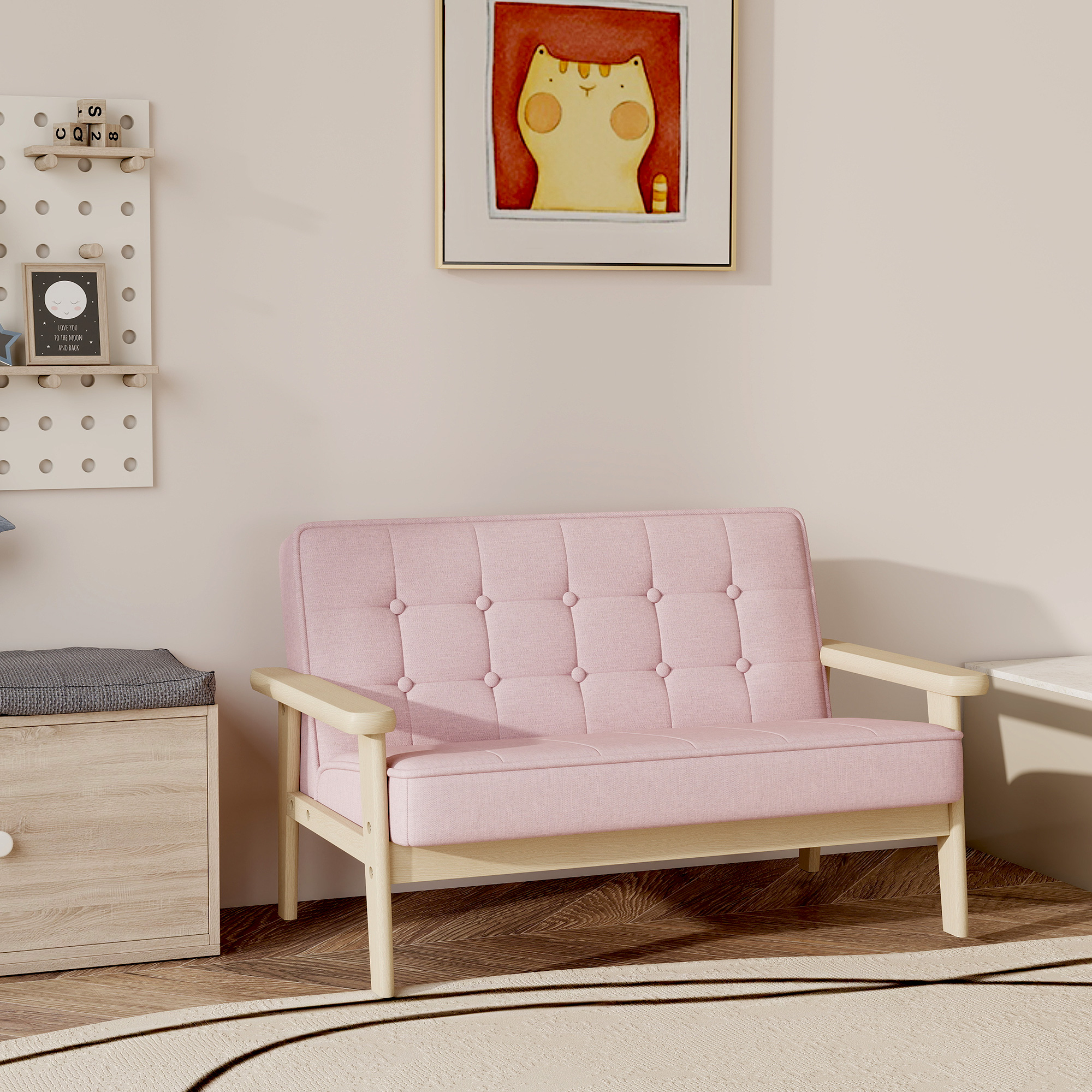 Kindersessel, Kindersofa mit Holzrahmen, Samtoptik, gepolstert, für Kinder von 3-15 Jahren Rosa