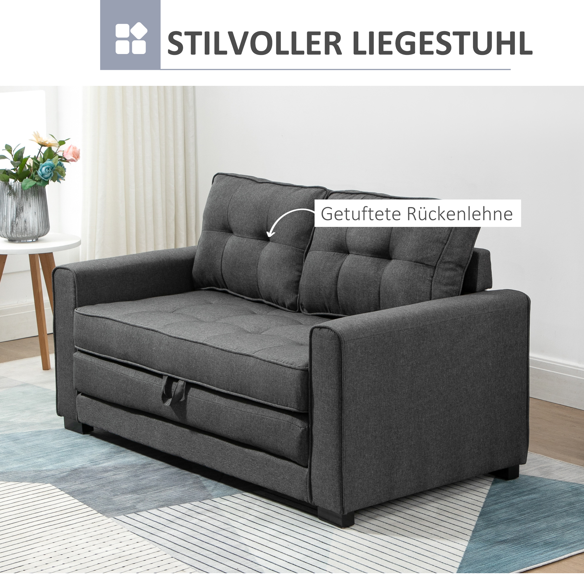 Schlafsofa Klappsofa 2-Sitzer Stoffsofa Bettsofa Sofa mit Schlaffunktion Sofagarnitur Leinen-Touch Gummiholz Grau 147,5 x 75 x 85 cm