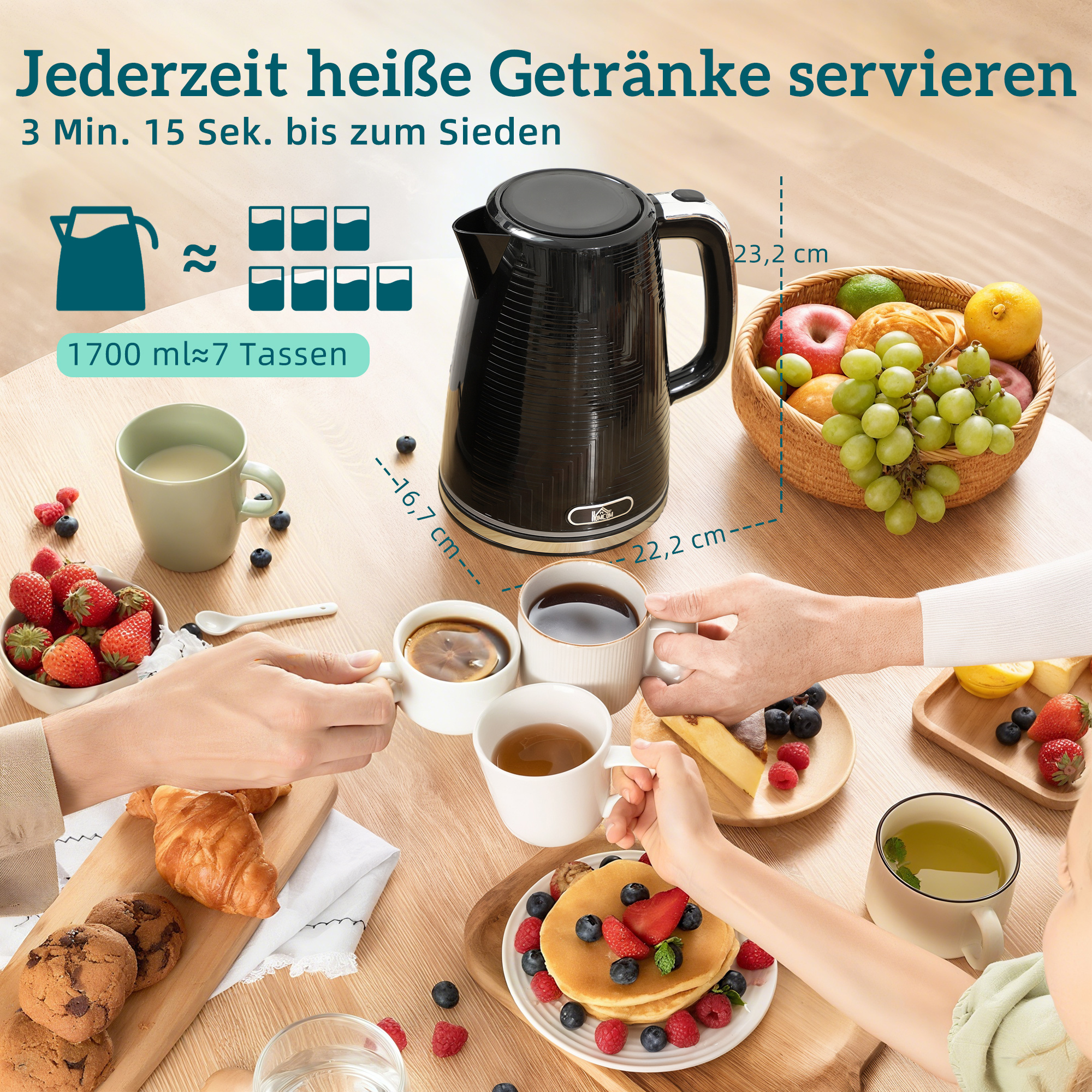 Wasserkocher- und Toaster-Set, 2200W, Otter-Thermostat, 2-Schlitz-Toaster, 7 Bräunungsstufen, Krümelfach, Schwarz
