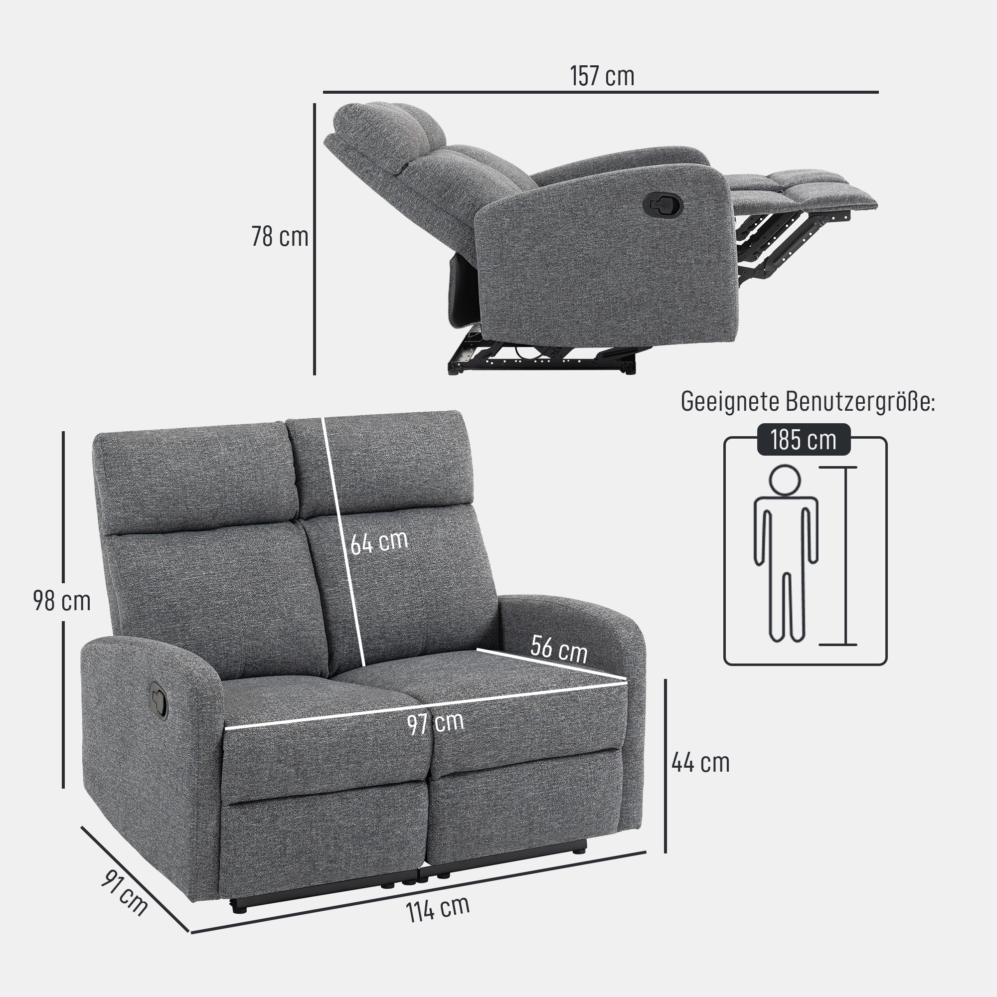 2-Sitzer-Sofa, individuell verstellbare Rückenlehnen, Fußstütze, Stoffbezug, Stahl, Grau