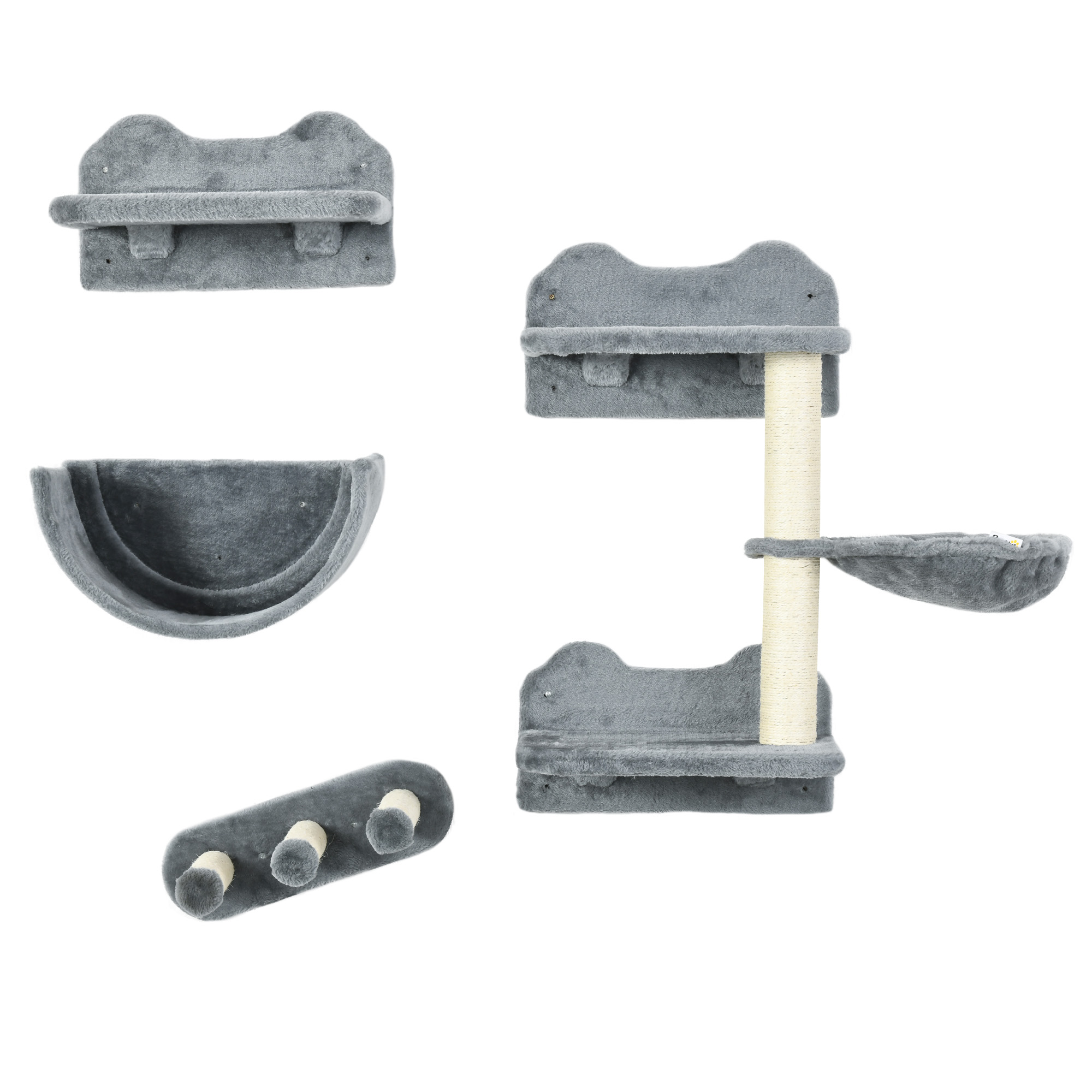 Kletterwand-Set für Katzen, Hängematte, Kratzbrett, Sprungplattformen, Plüsch, Sisal, Grau