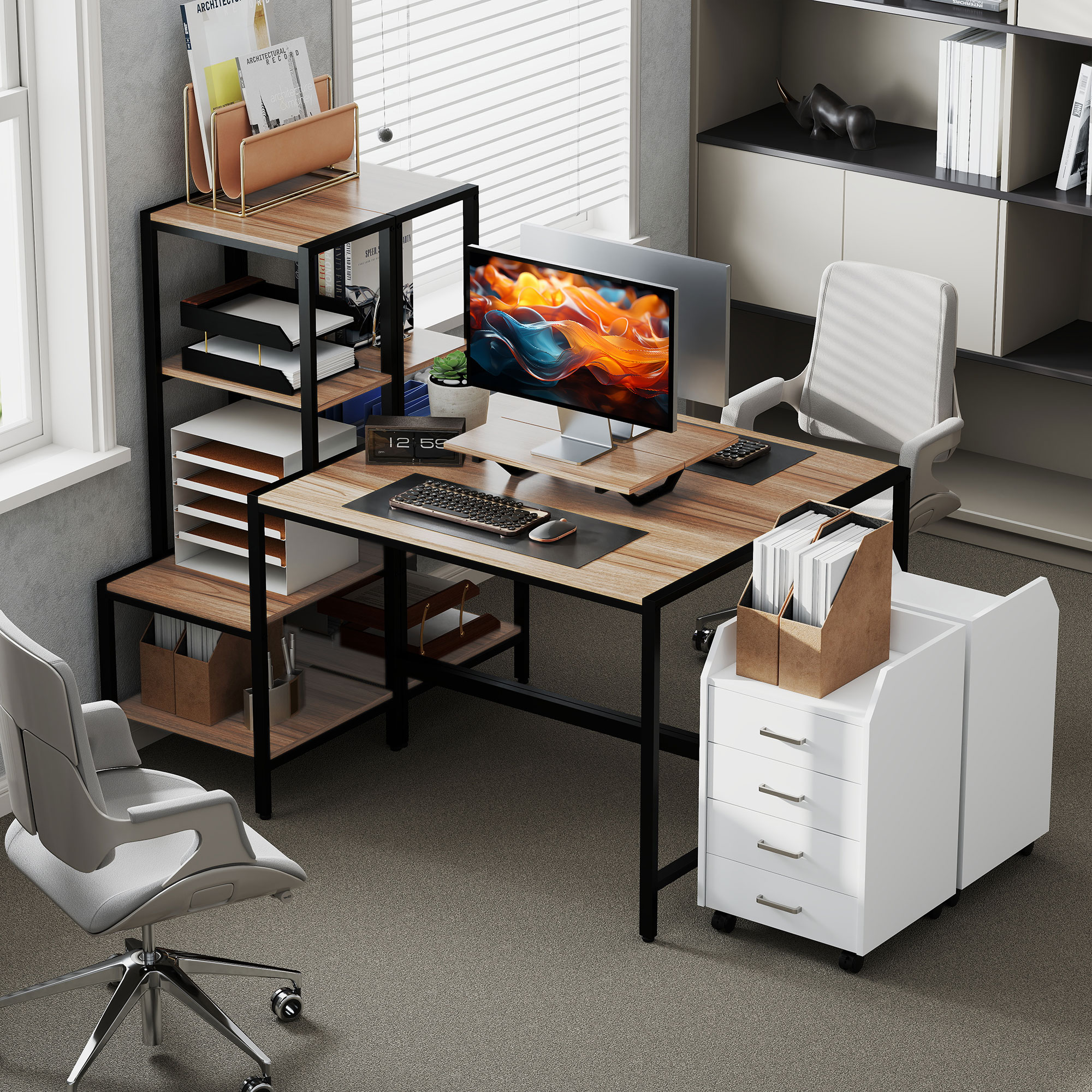 Computertisch mit Monitorständer, Schreibtisch mit 4-stufigem Regal, Industrielles Design, Braun