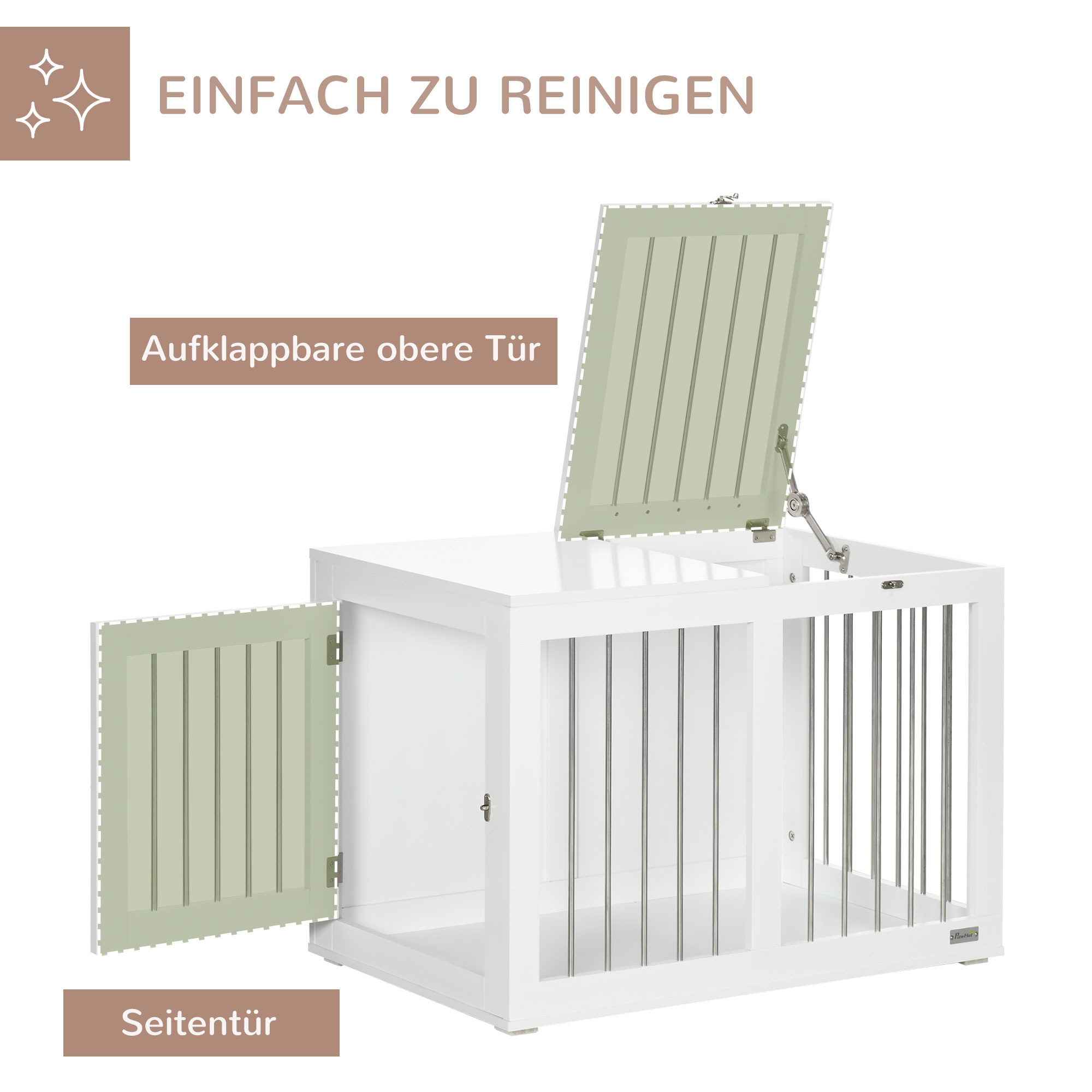 Hundekäfig mit 2 Türen, Hundebox, verriegelbar, Stahlgitter, 80 cm x 50 cm x 56,5 cm, Weiß + Silber