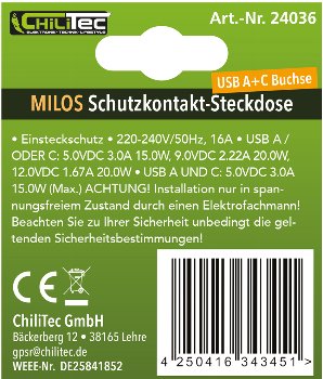 MILOS Schutzkontakt-Steckdose, anthrazit / 230V~/ 16A, Unterputz, USB-A/C PD 3.0