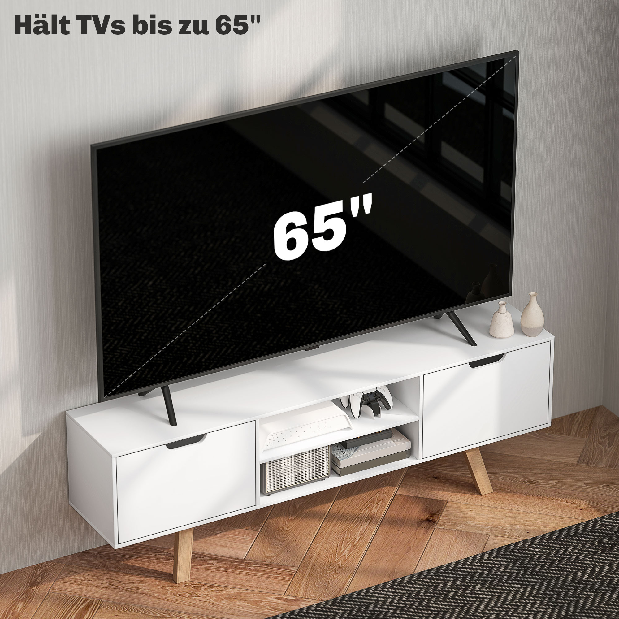 TV-Kommode mit Schubladen und offenen Regalen, MDF, 150 x 39 x 50 cm, Weiß
