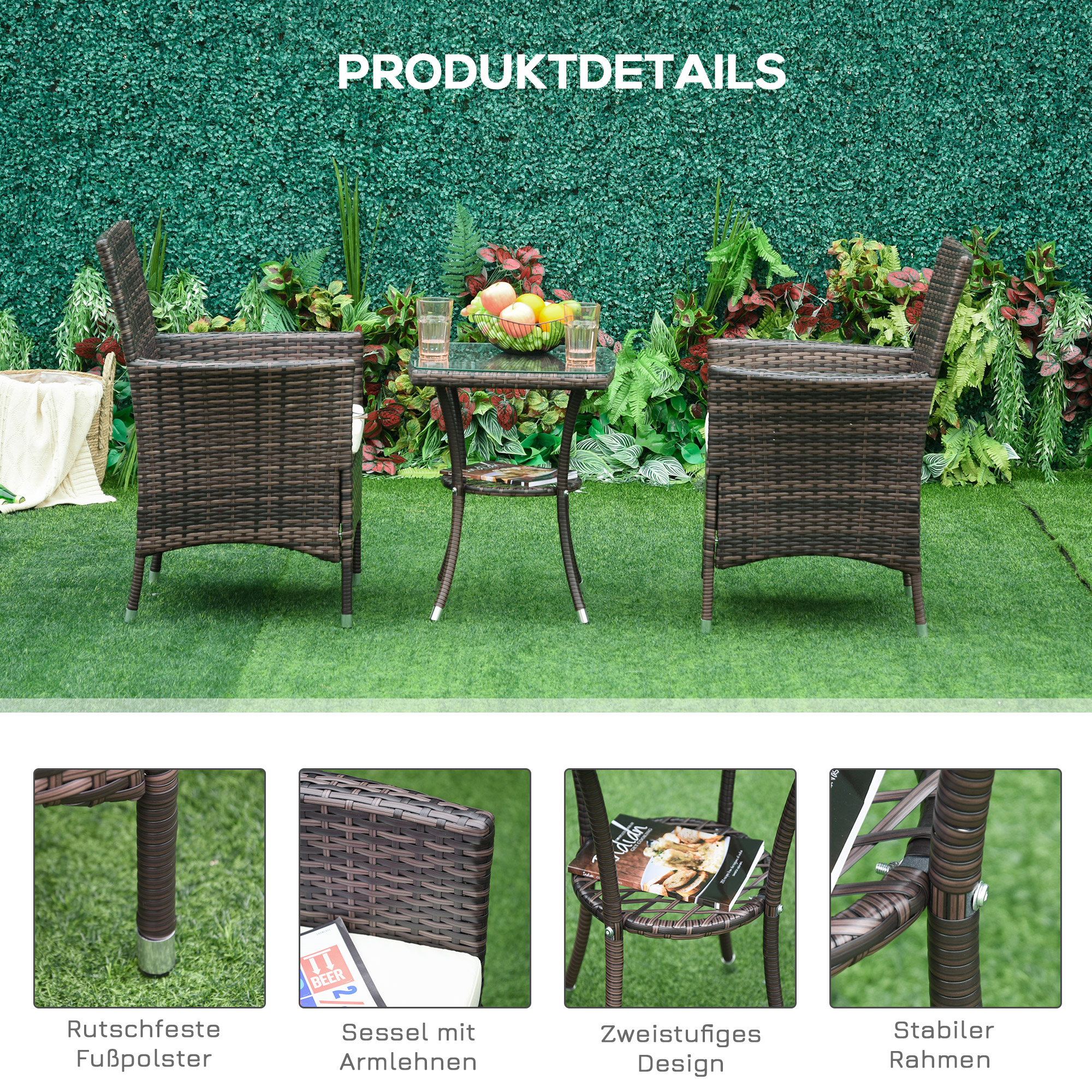 Polyrattan Gartenmöbel Set, Outdoor Lounge Balkonmöbel für 2 Personen, 3-teilig Sitzgruppe, 2 Stühle, Tisch Sitzkissen, Gartenlounge für Garten, Terrasse, Balkon, Braun
