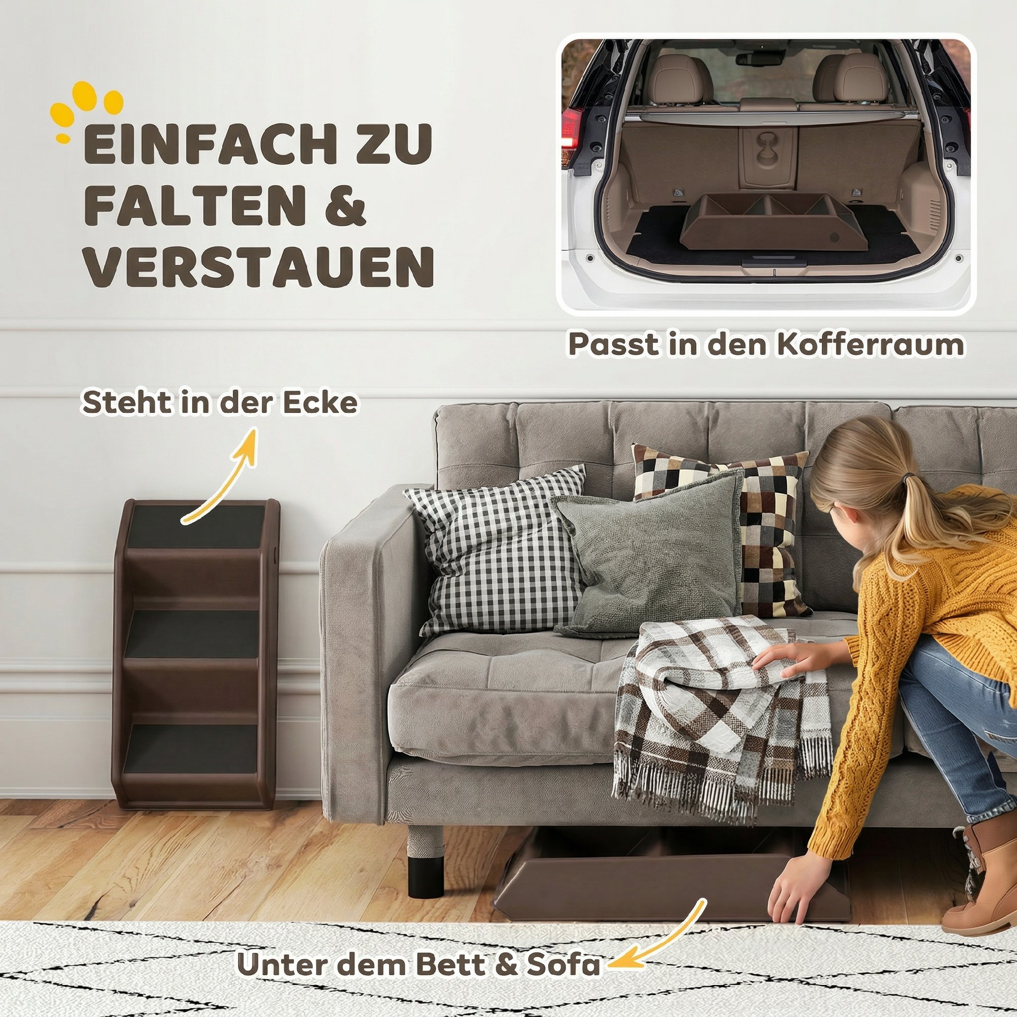 Hundetreppe 3 Stufen 36,5 cm Hoch Haustiertreppe für Kleine Hunde klappbar für Bett, Sofa, Couch Auto Braun