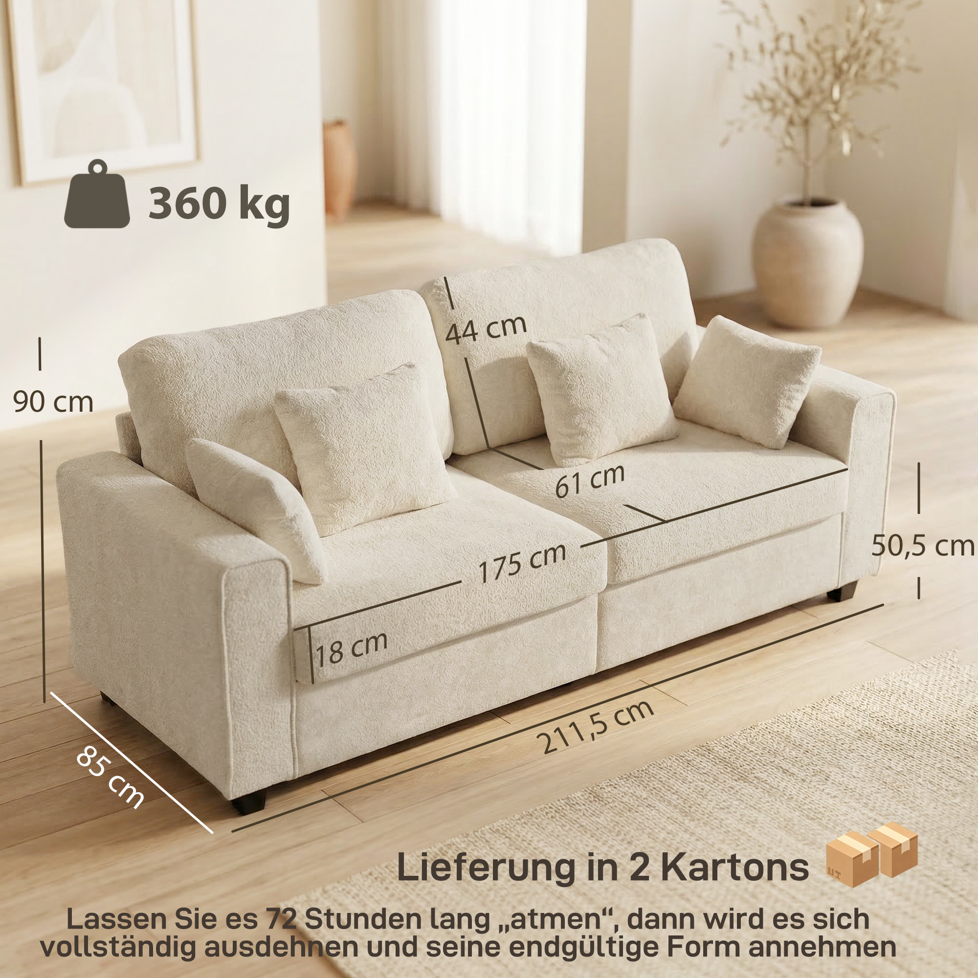 beiges 3-Sitzer-Sofa mit Raindrop-Samtbezug, tiefem Sitz, Federkissen, breiten Armlehnen und 4 Kissen
