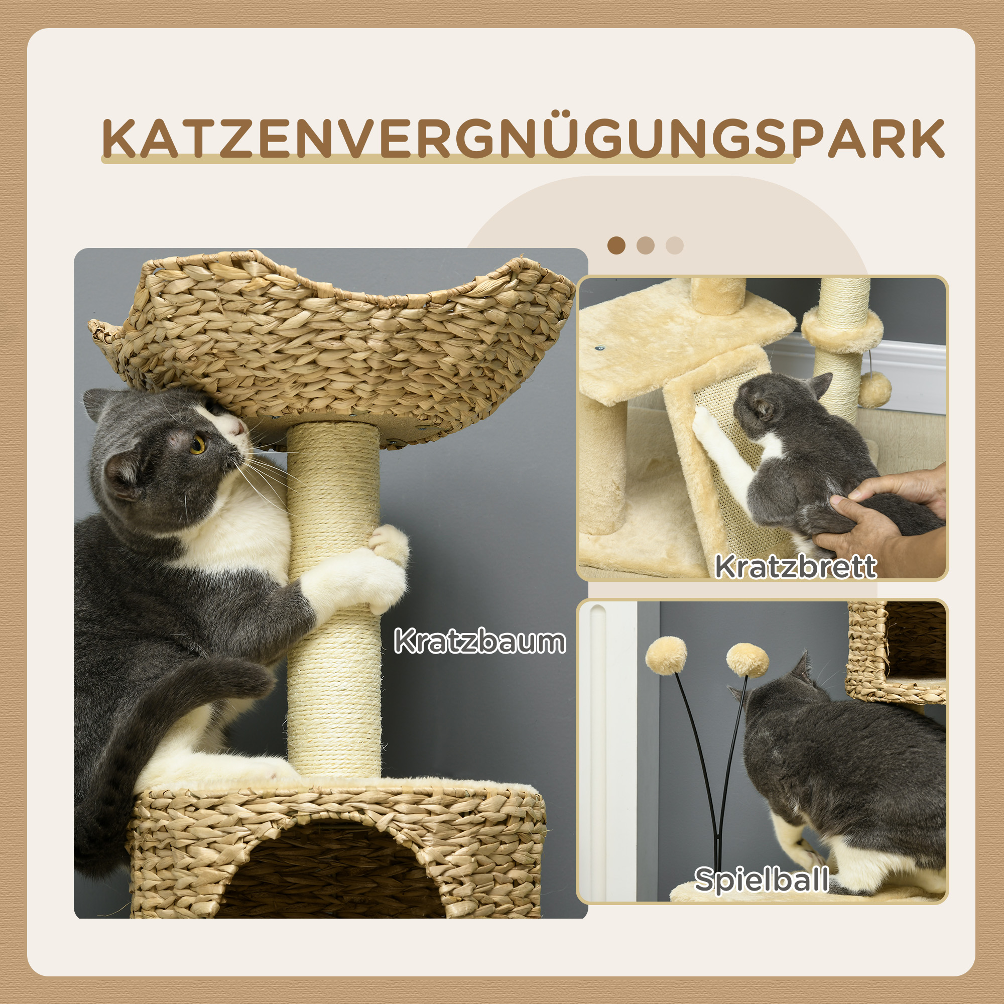 Kratzbaum mit Katzenhöhle, Liegeplattform, Spielball, 45x40x116cm, Braun/Beige