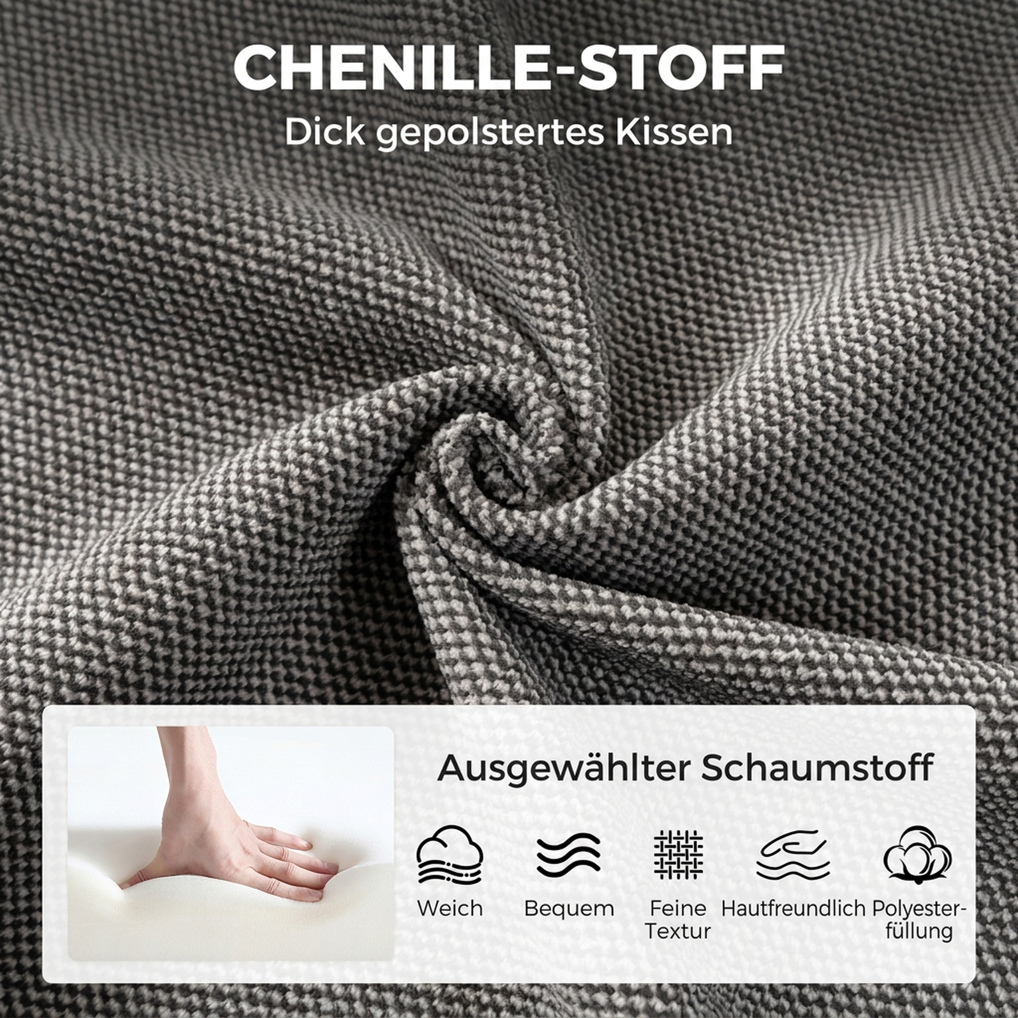 Sessel mit verstellbarem Fußhocker, 360° drehbar, Chenille-Bezug, dicke Polsterung, Grau