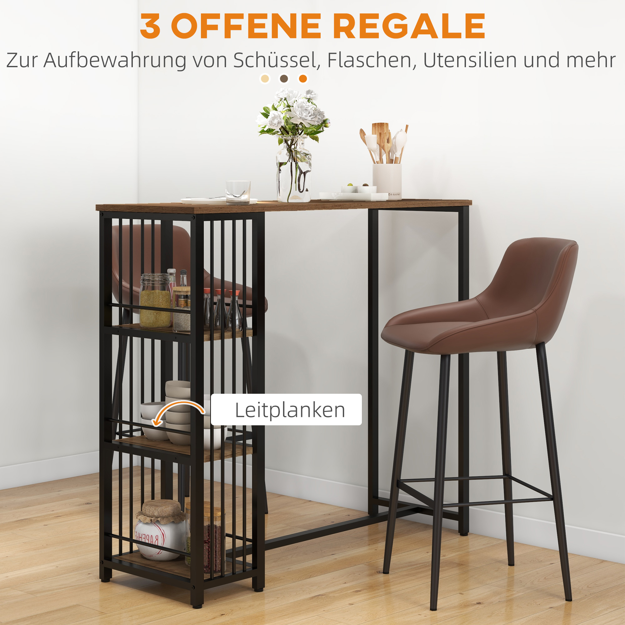 Bartisch Stehtisch Küchentresen, Industriedesign, 3 Regale, 120 x 40 x 105 cm; Schwarz + Braun