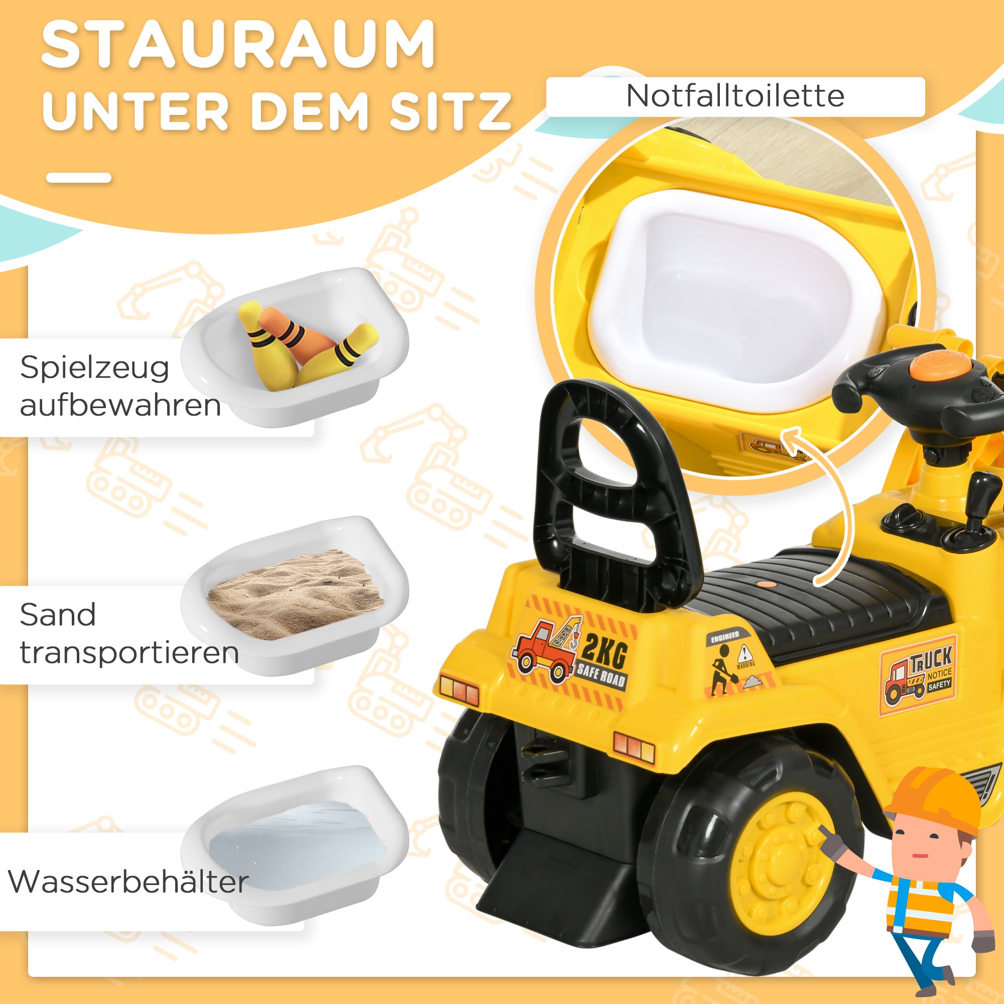 Sitzbagger Aufsitzbagger mit Schaufel Kinderbagger mit Stauraum unter Sitz Rutschauto Spielzeugbagger zum Sitzen bis 30kg, Draufsitzen für Kinder 1,5-4 Jahre Gelb+Schwarz
