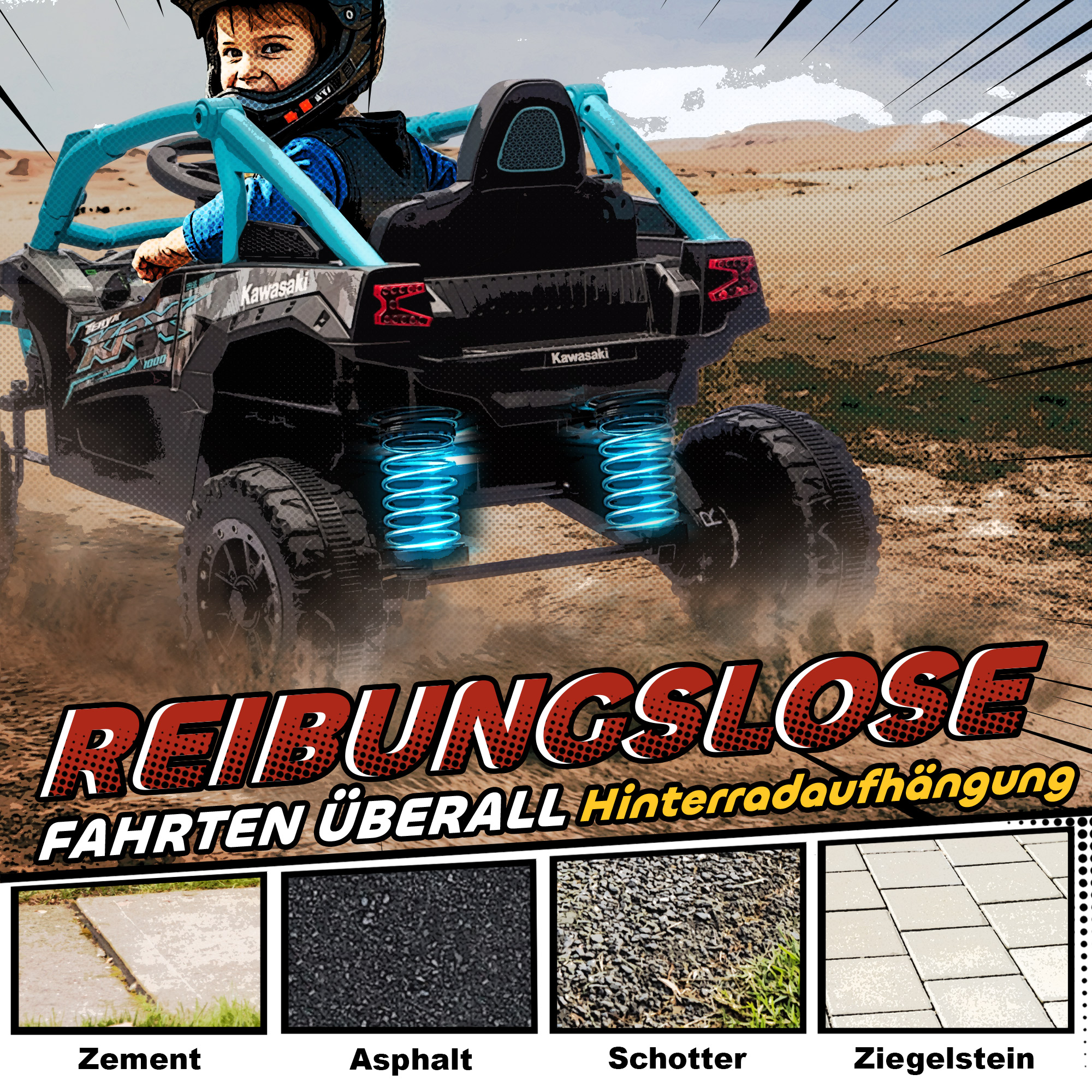 12V Geländefahrzeug für Kinder, Fernbedienung, LED-Lichter, Musik, Hupe, für Kinder von 3-8 Jahren, Blau