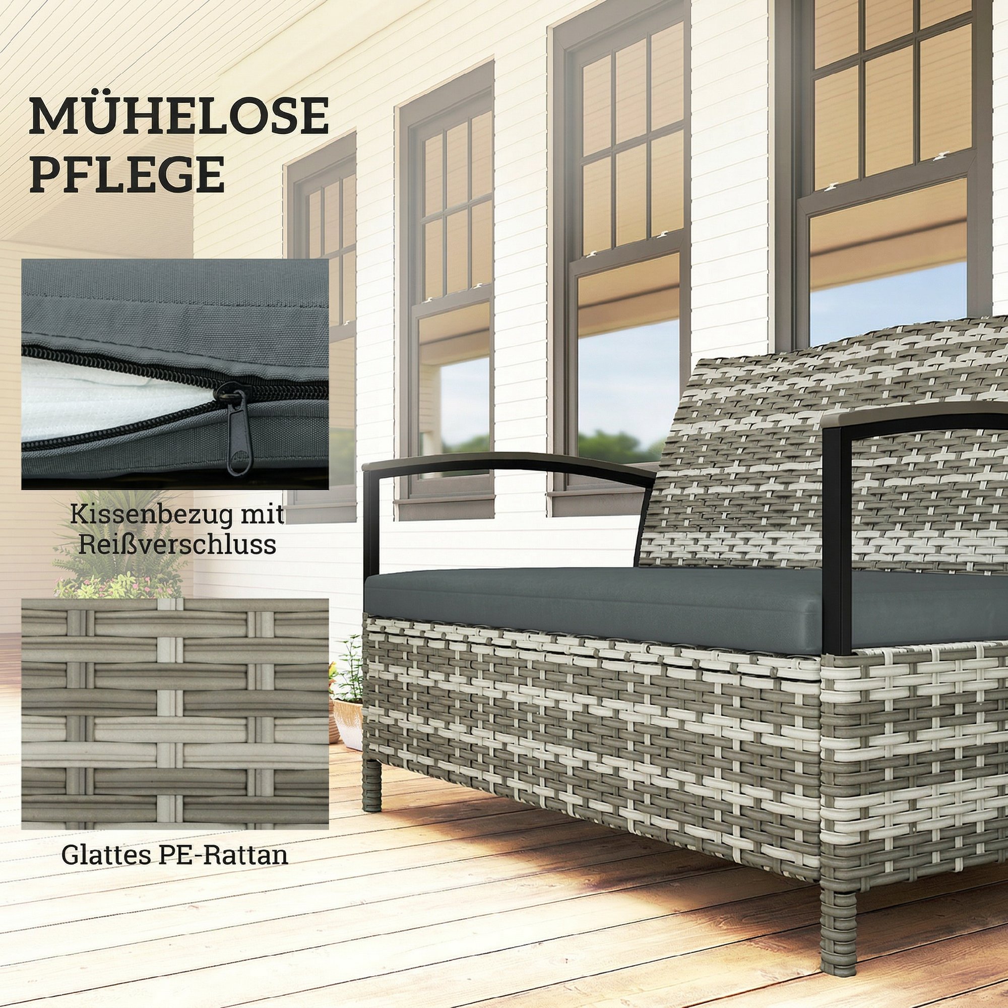 Gartenbank mit Stauraum 2-Sitzer Sitzbank mit Kissen Haltegriffen 125L Poly Rattan 123 x 70 x 82 cm Dunkelgrau