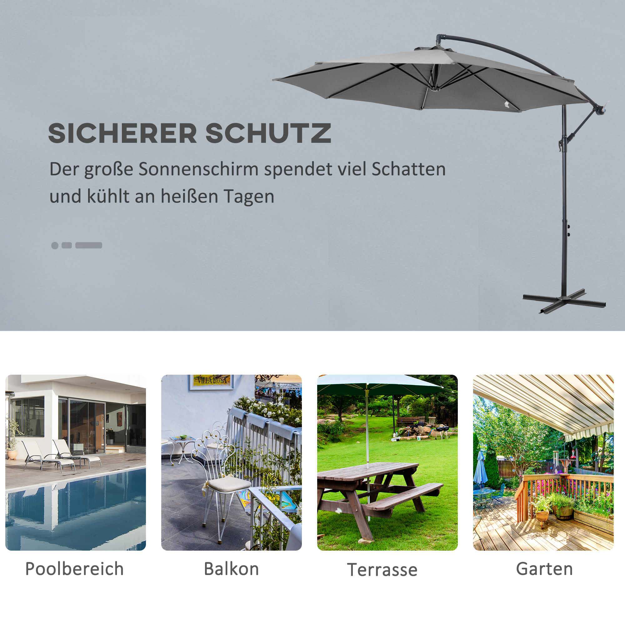 Sonnenschirm mit Handkurbel Wetterbeständig  2,95 m x 2,95 m x 2,45 m Polyester Stahl Schwarz