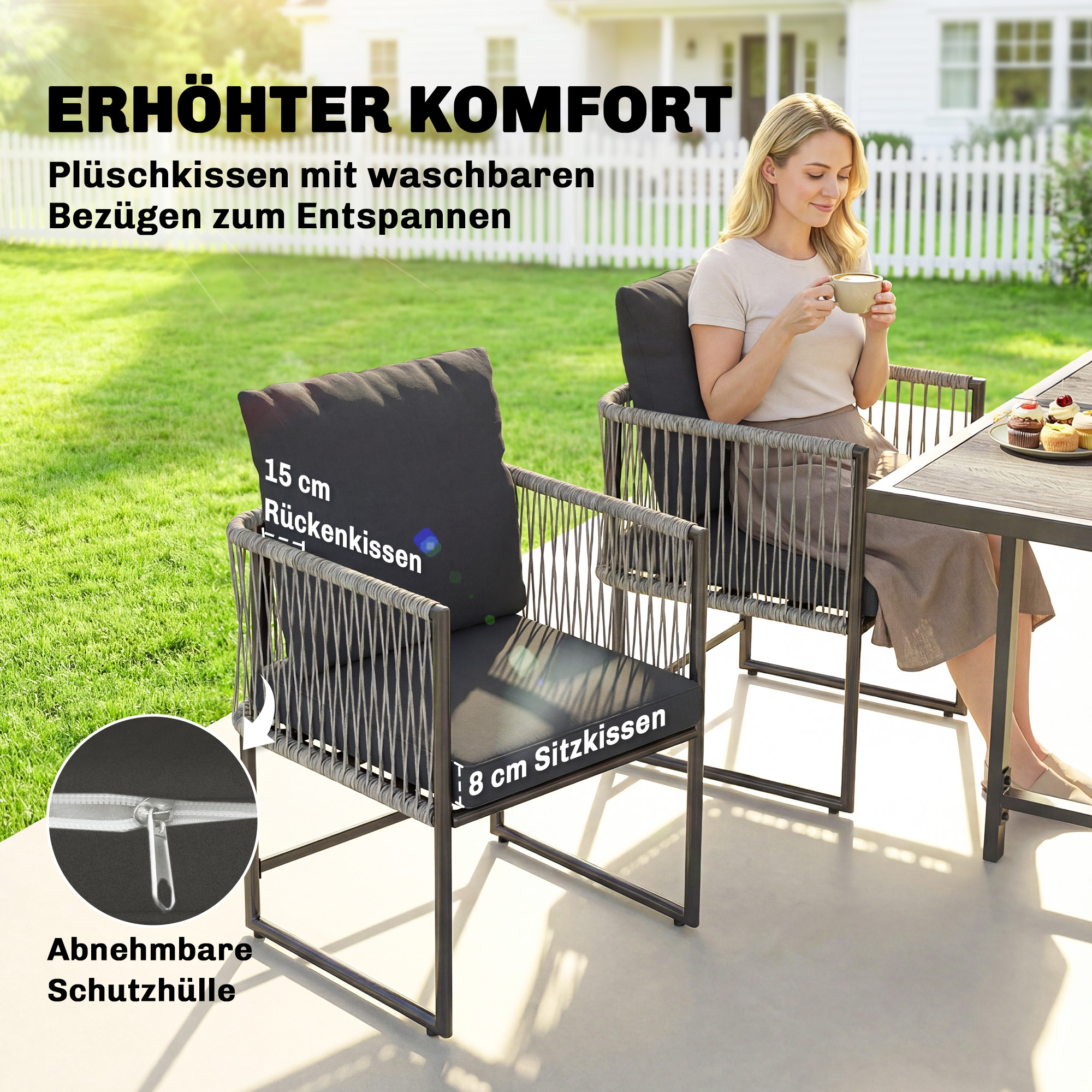 Polyrattan Gartenmöbel Set 5-teilig Platzsparend Sitzgruppe Tisch mit 4 Stühlen DPC-Tischplatte Kissen Grau
