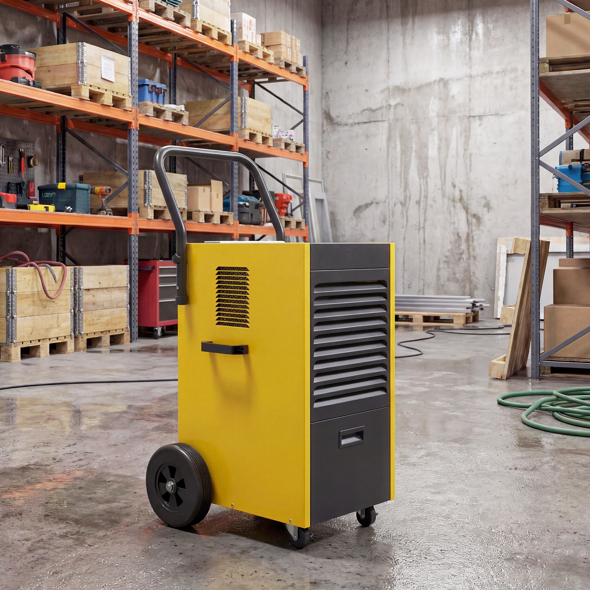 Gewerbe-Luftentfeuchter 70L/Tag mit Rädern und Griff, kontinuierlicher Ablaufschlauch, 24-Stunden-Timer, 5,5L Tank, Gelb