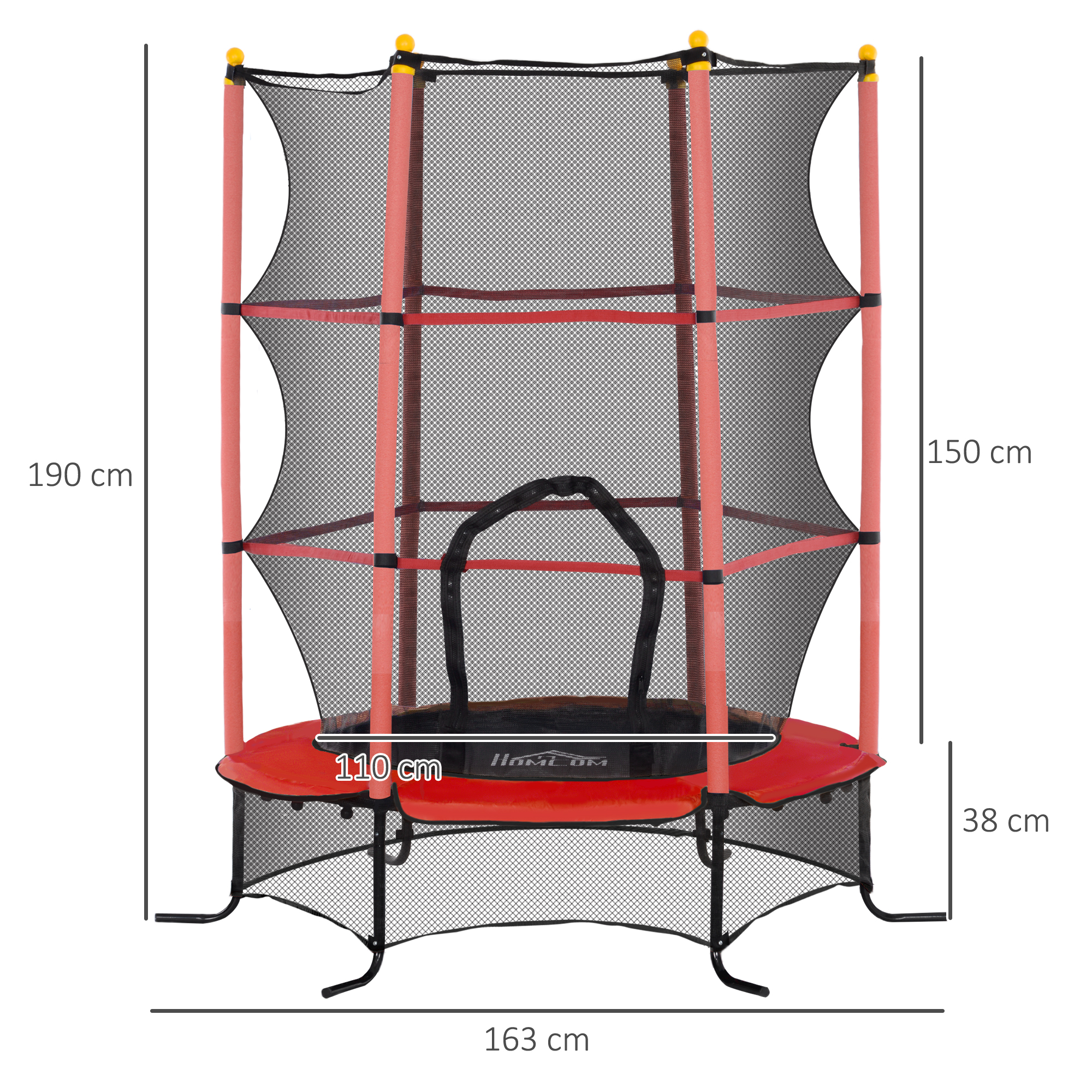 Trampolin für Kinder, Ø163 cm, mit Sicherheitsnetz, für drinnen und draußen, Belastung bis 50 kg, Stahl, Kunststoff, Rot