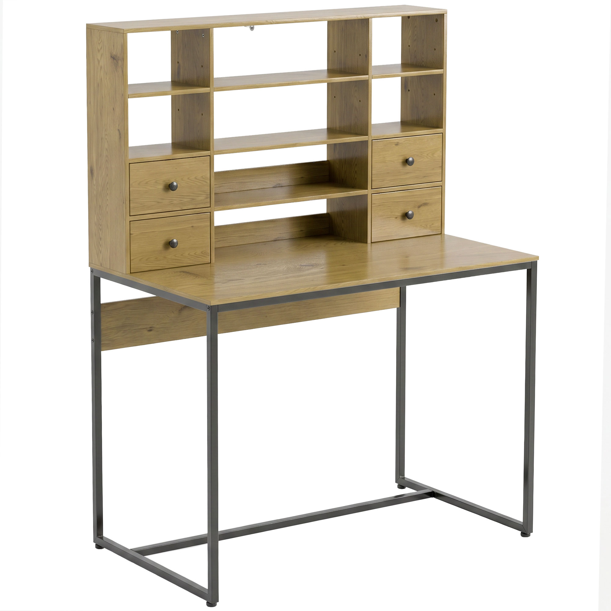 Computertisch mit 4 Schubladen und Regalen, Schreibtisch 105 cm, Naturholz