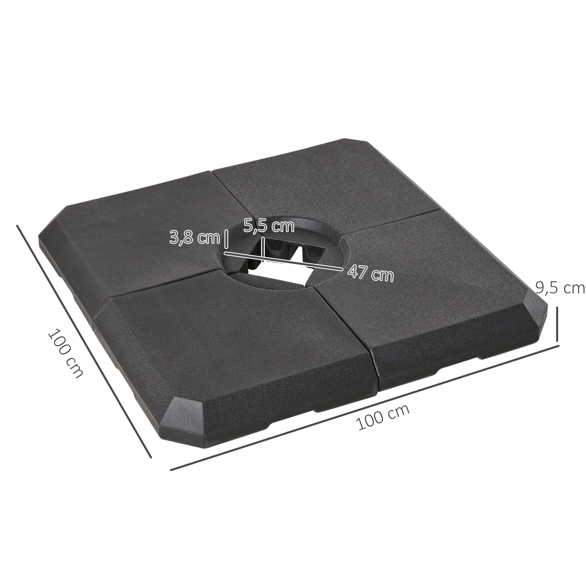 Schirmgewicht, 4-tlg. Schirmständer, mit 80 kg Wasser oder 120 kg Sand befüllbar, HDPE, Schwarz, 100 x 100 x 9,5 cm
