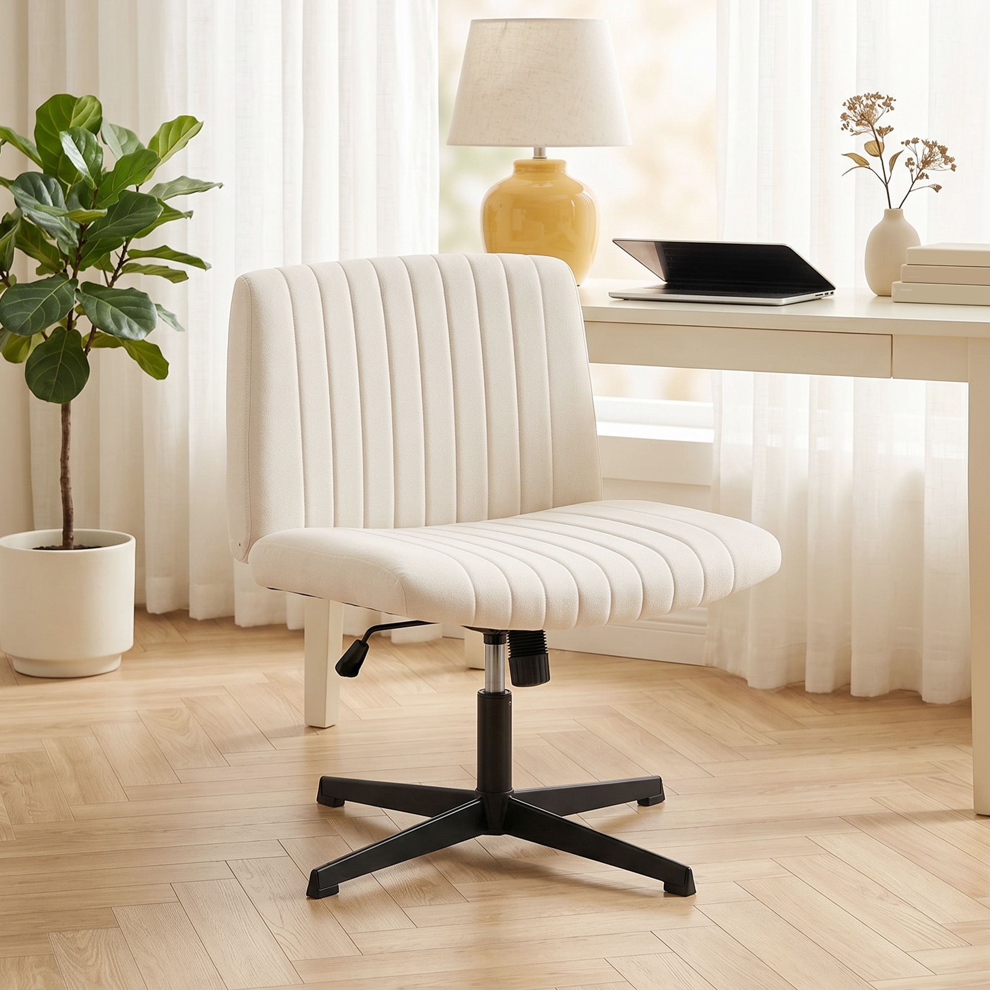 Homeoffice Stuhl höhenverstellbar Drehstuhl mit Leinenoptik Schneidersitz-Stuhl bis 120 kg belastbar, Cremeweiß