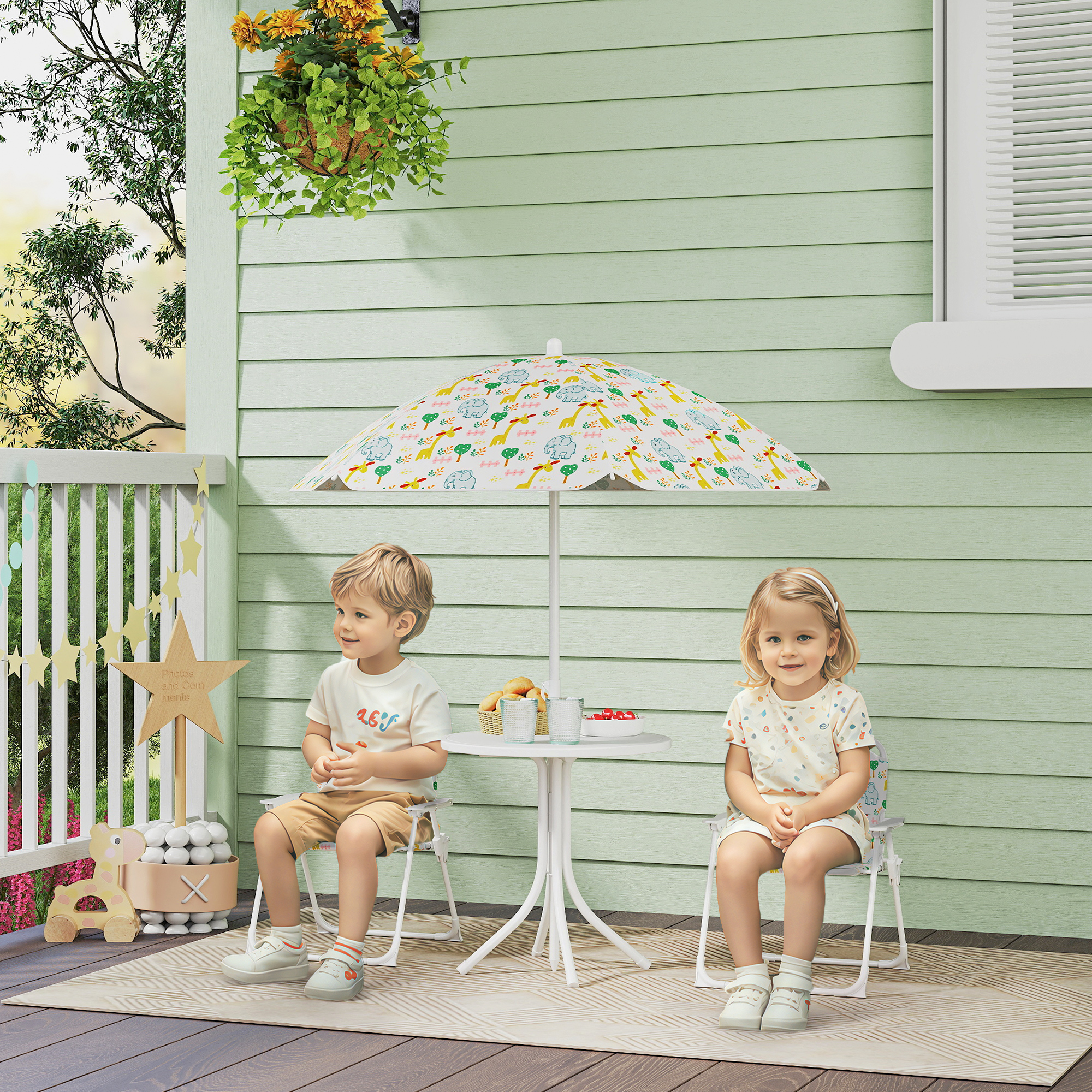 Kinder-Sitzecke, Klappstuhl-Sitz-Set mit Sonnenschirm, Buntes Muster, Weiß