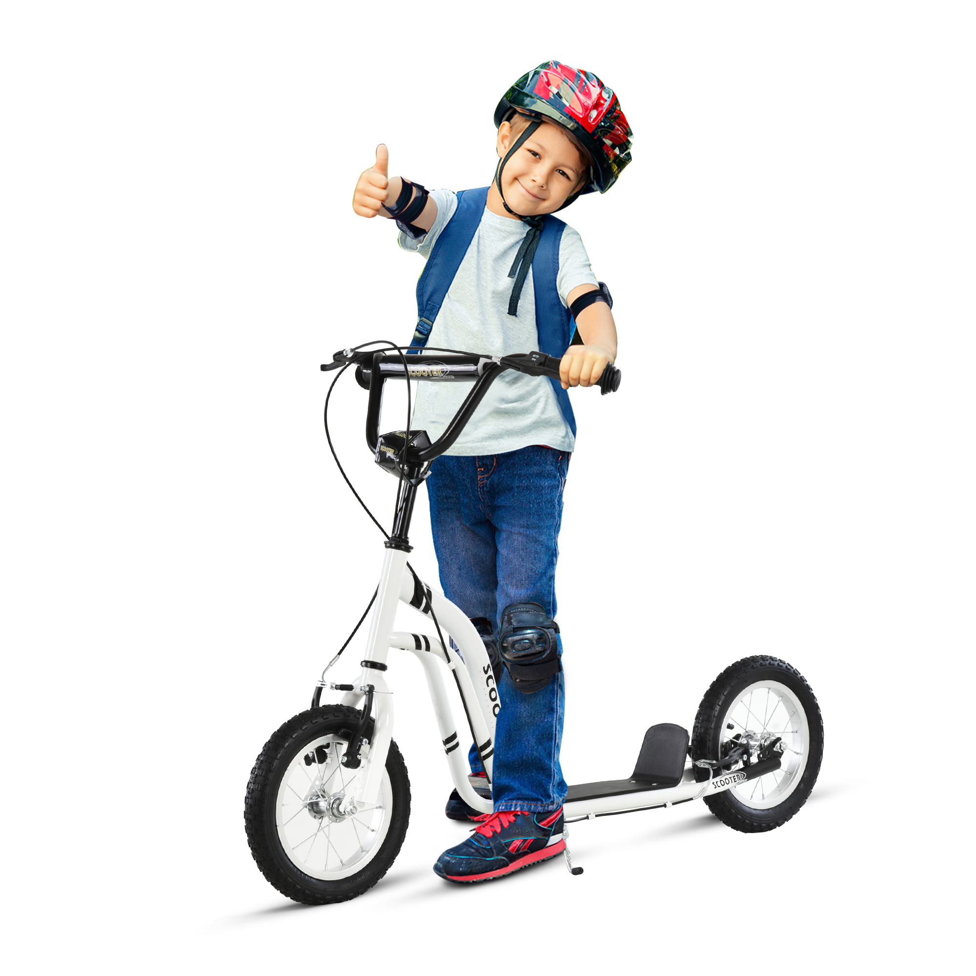 Kinderroller ab 5 Jahre Scooter Kinderscooter Tretroller Cityroller Kinder Roller Kickboard mit Luftreifen 12 Zoll Gummi Aluminium Weiß 120 x 58 x 85-95 cm