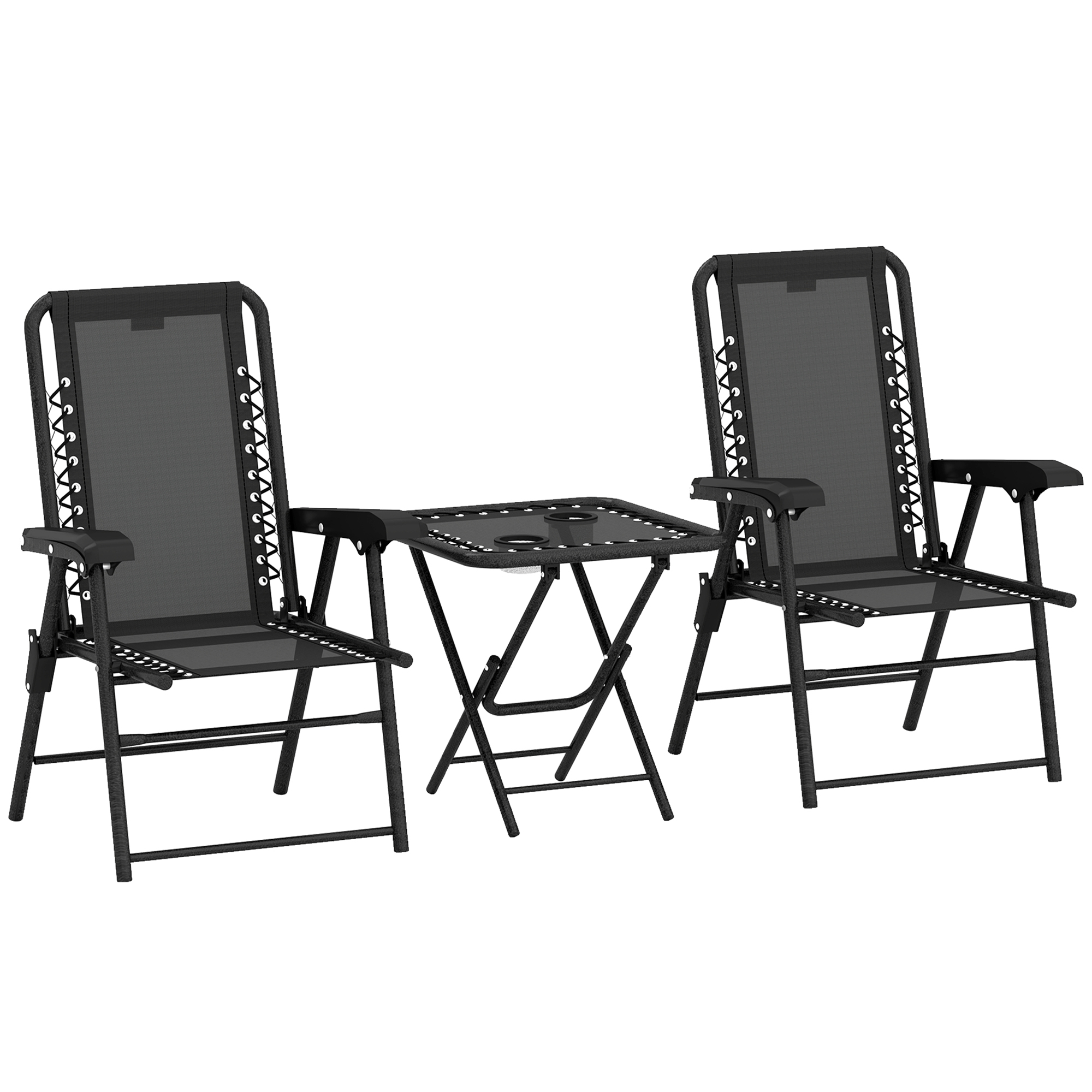Bistro Set 3-teilig aus Stahl Wetterfest Gartenmöbel Set mit klappbar Bistrotisch Becherhalter Gartenstühlen Schwarz